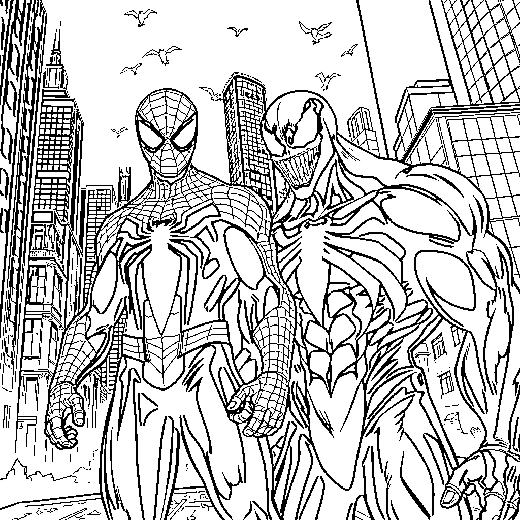 Spiderman standing heroically alongside Venom in a city Coloring Page (free black-and-white line drawing printable PDF for all, from beginners to advanced learners, including children, teens, adults, and seniors)