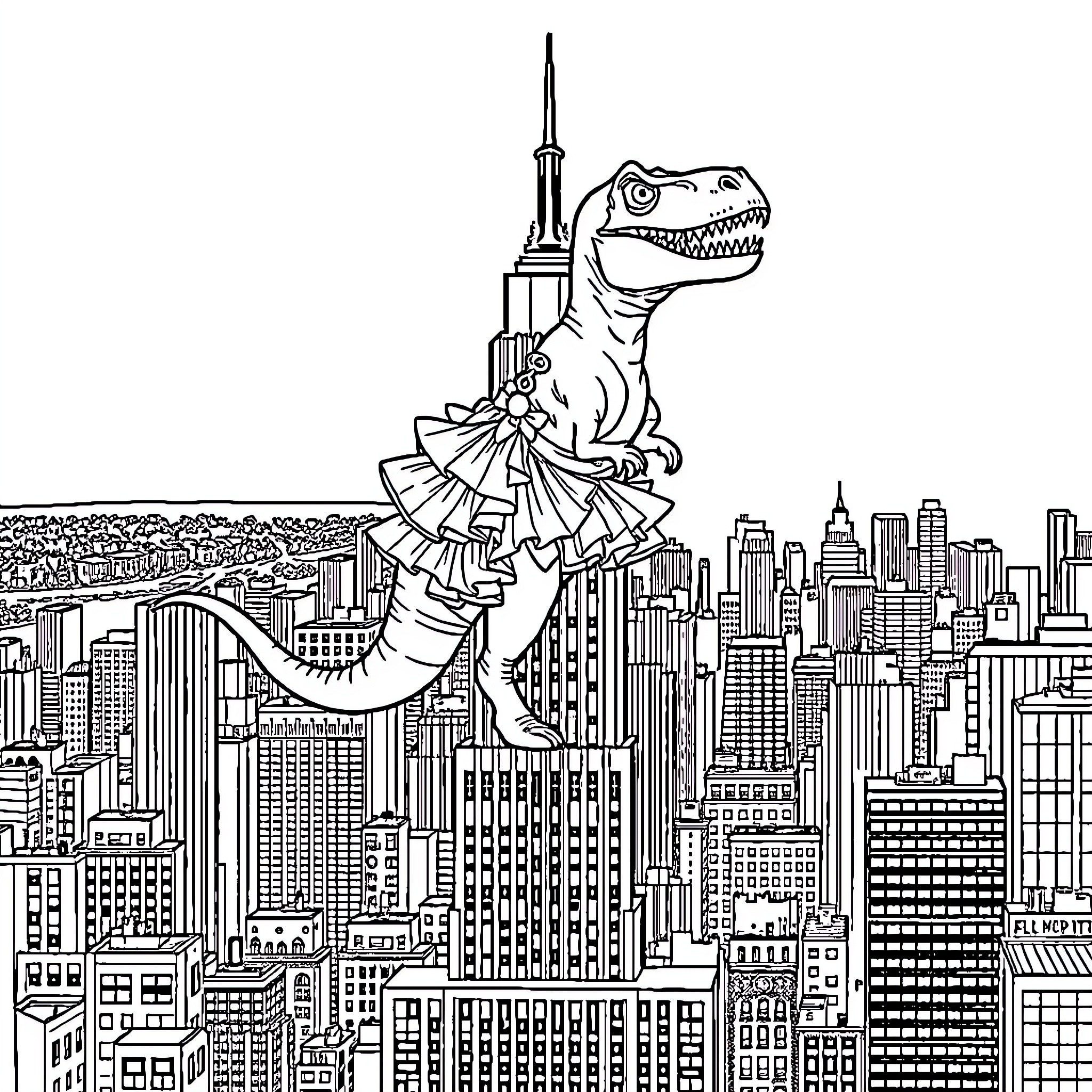 T-Rex Stomping Through the City Coloring Page (free black-and-white line drawing printable PDF for all, from beginners to advanced learners, including children, teens, adults, and seniors)
