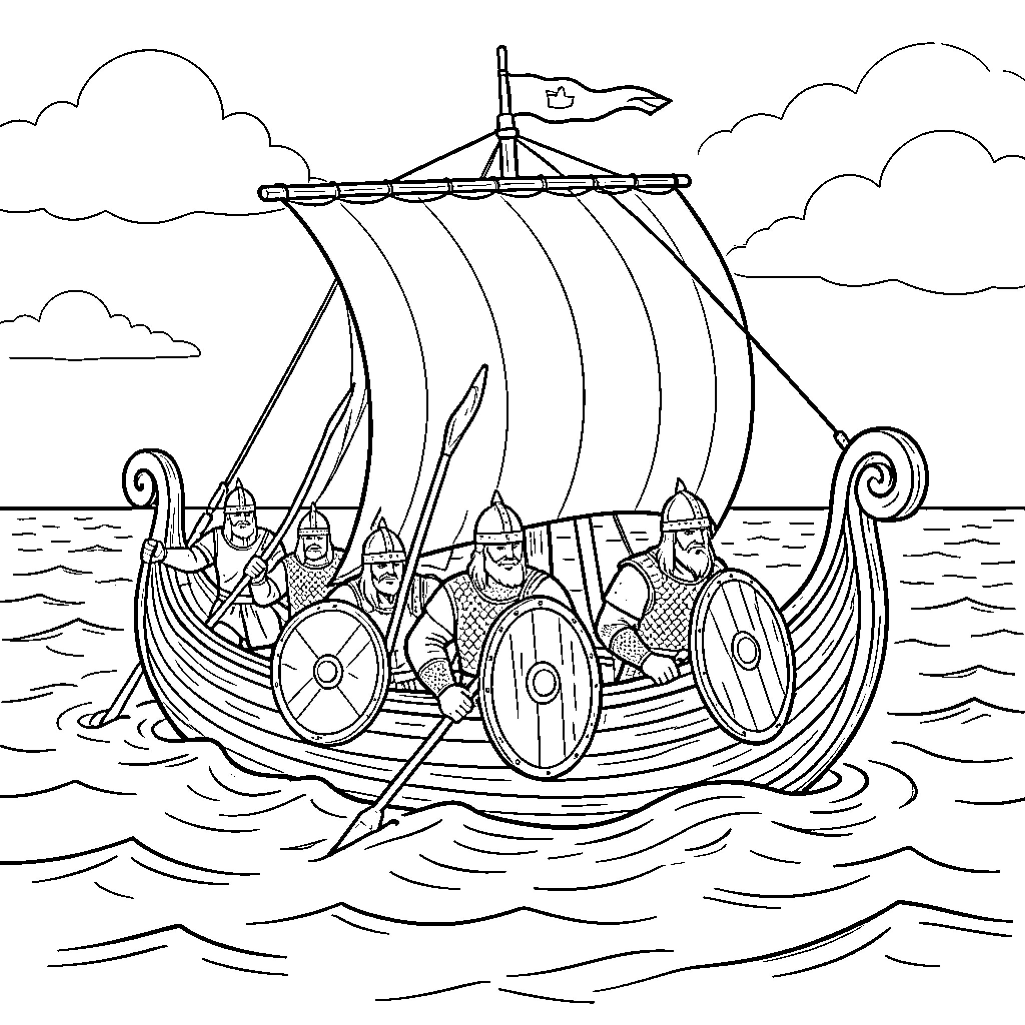 Viking warriors sailing a longship across the ocean Coloring Page (free black-and-white line drawing printable PDF for all, from beginners to advanced learners, including children, teens, adults, and seniors)