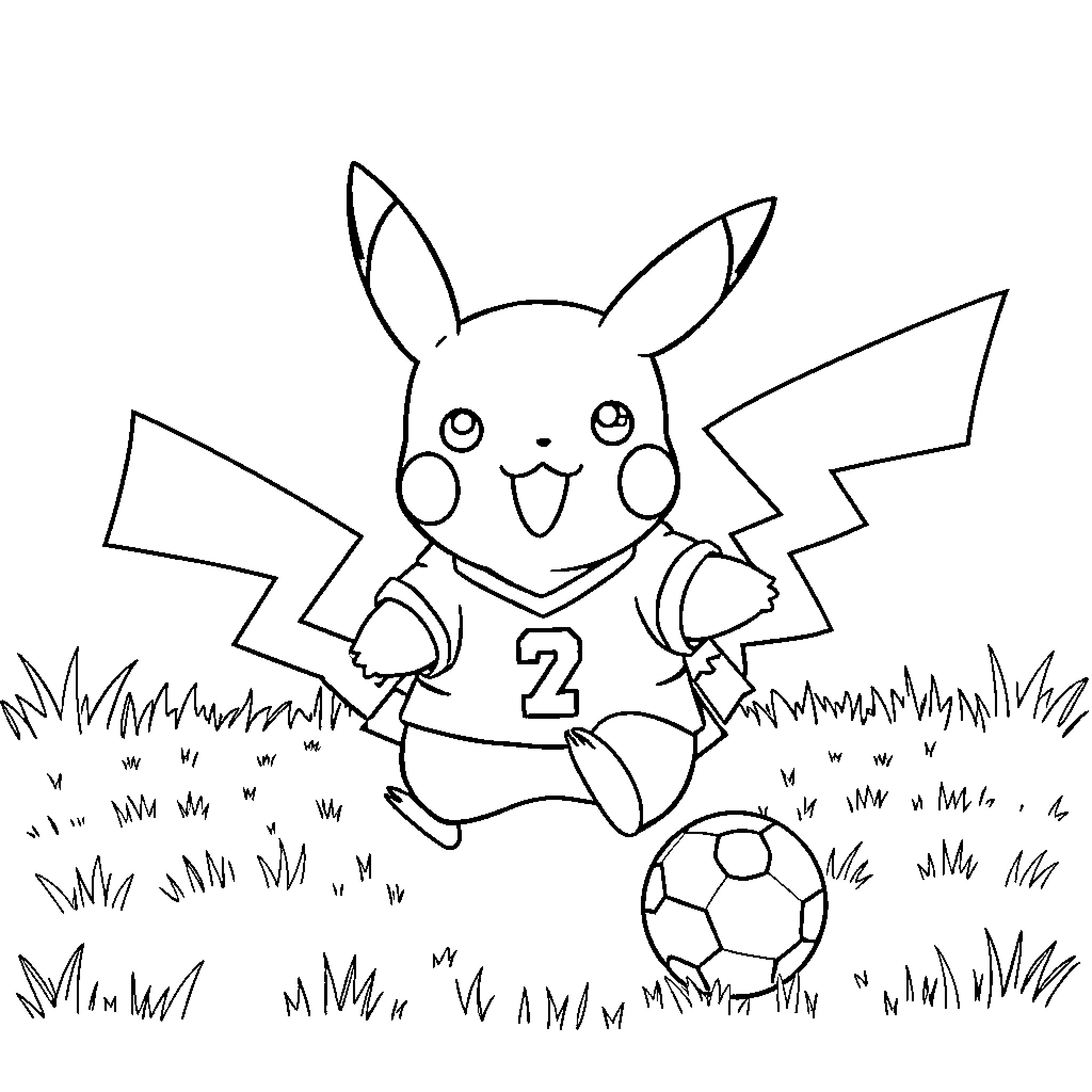 Pikachu playing soccer in the field Coloring Page (free black-and-white line drawing printable PDF for all, from beginners to advanced learners, including children, teens, adults, and seniors)