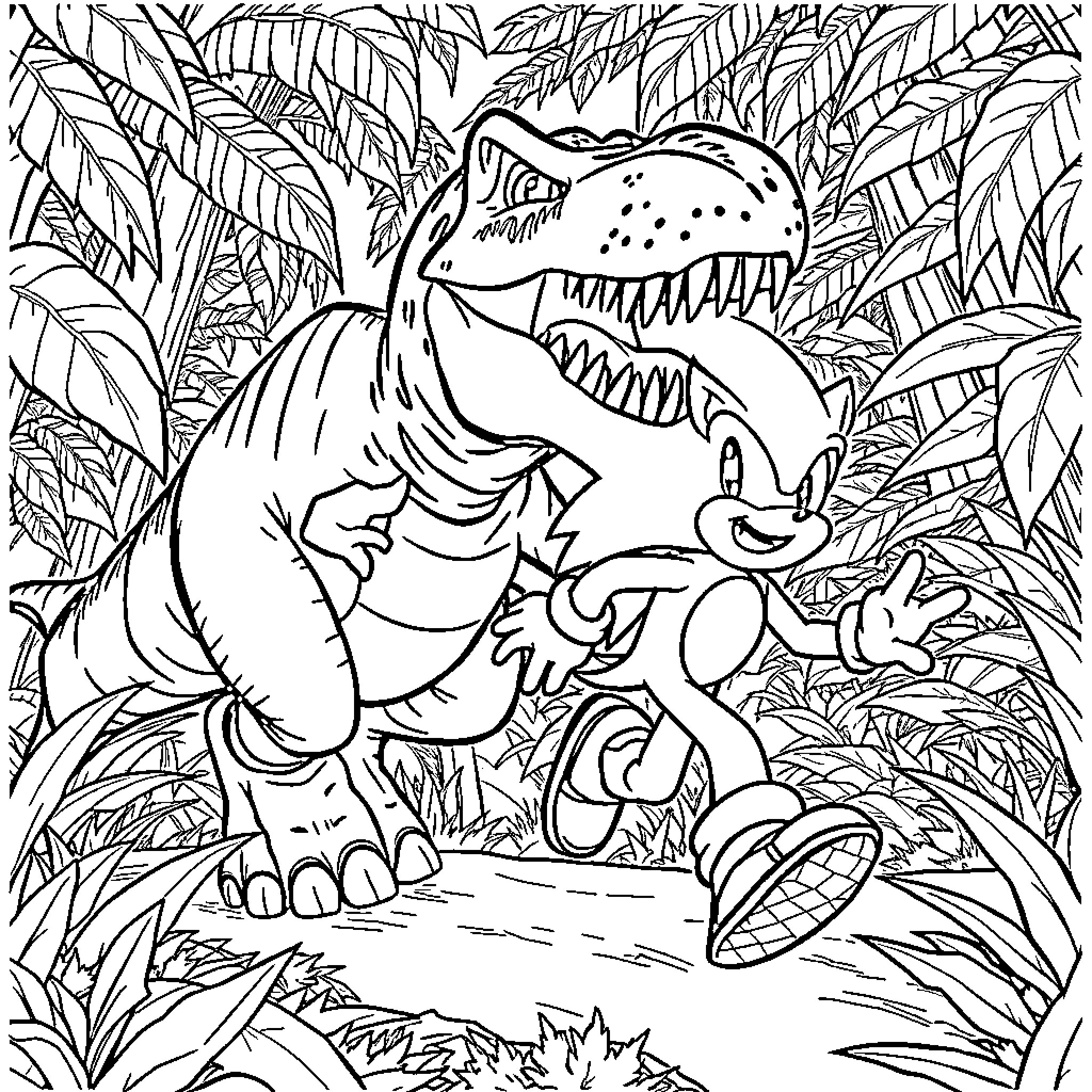 T-Rex chasing smaller dinosaur in jungle Coloring Page (free black-and-white line drawing printable PDF for all, from beginners to advanced learners, including children, teens, adults, and seniors)