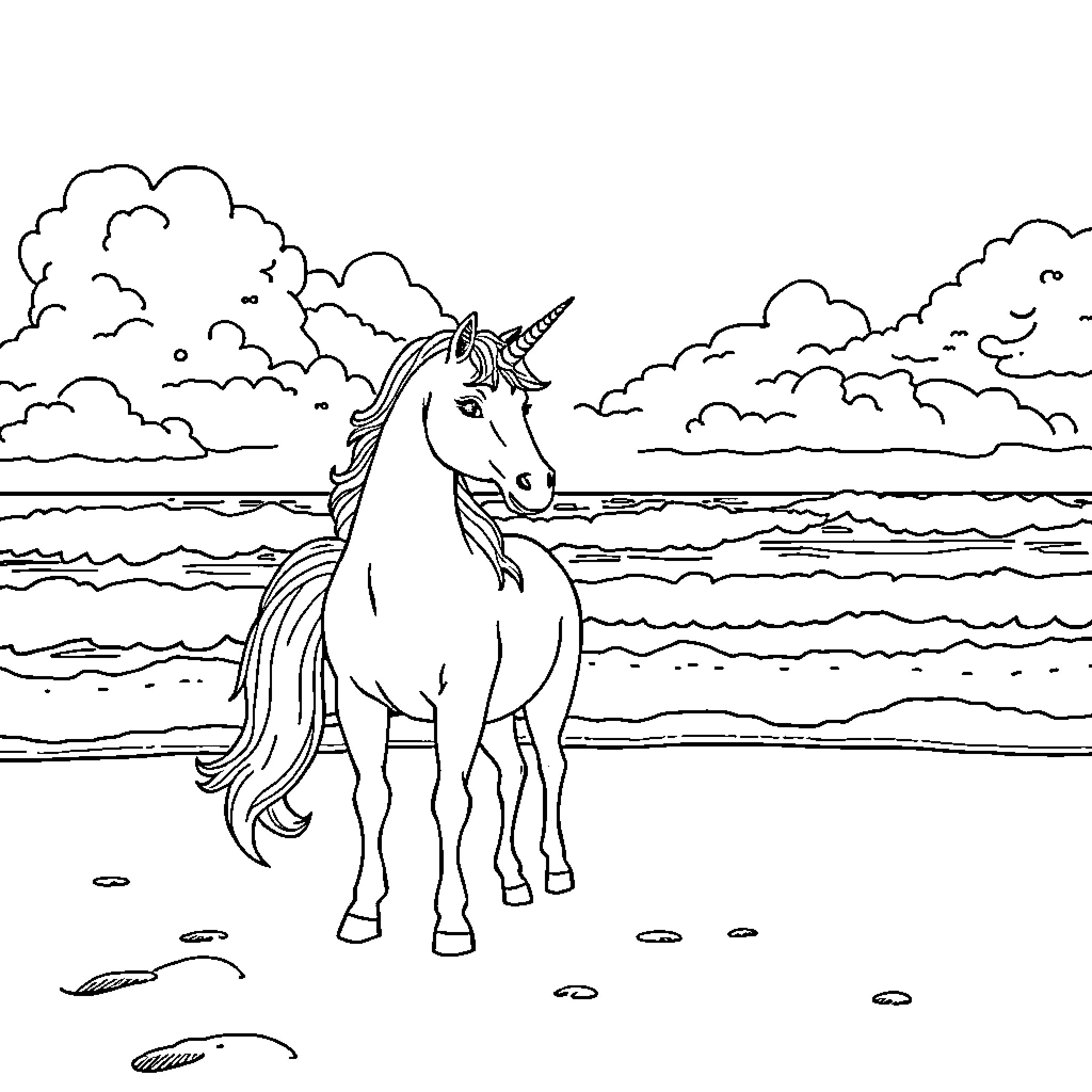 Unicorn standing on the beach with clouds Coloring Page (free black-and-white line drawing printable PDF for all, from beginners to advanced learners, including children, teens, adults, and seniors)