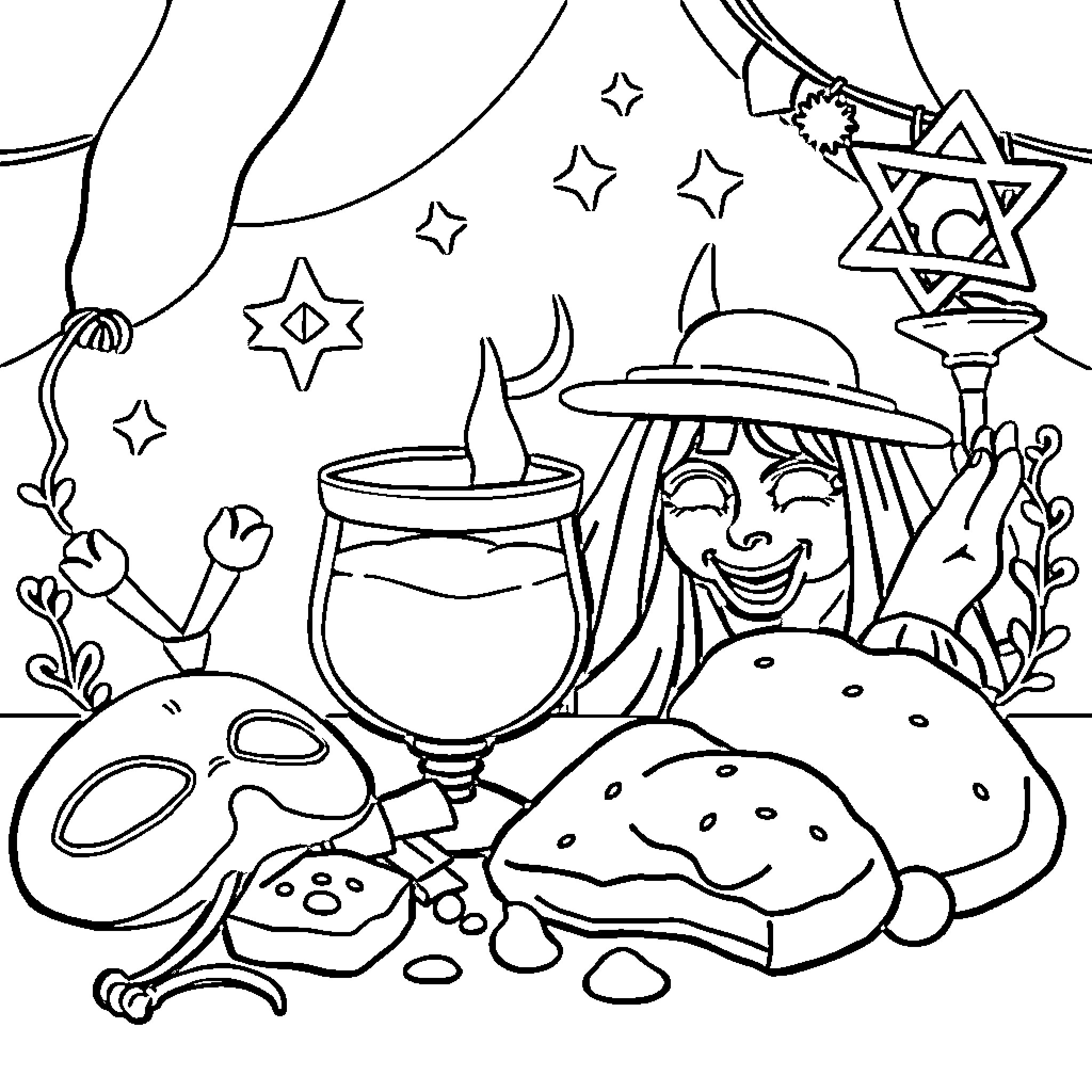 Purim celebration with festive costumes and symbols Coloring Page (free black-and-white line drawing printable PDF for all, from beginners to advanced learners, including children, teens, adults, and seniors)