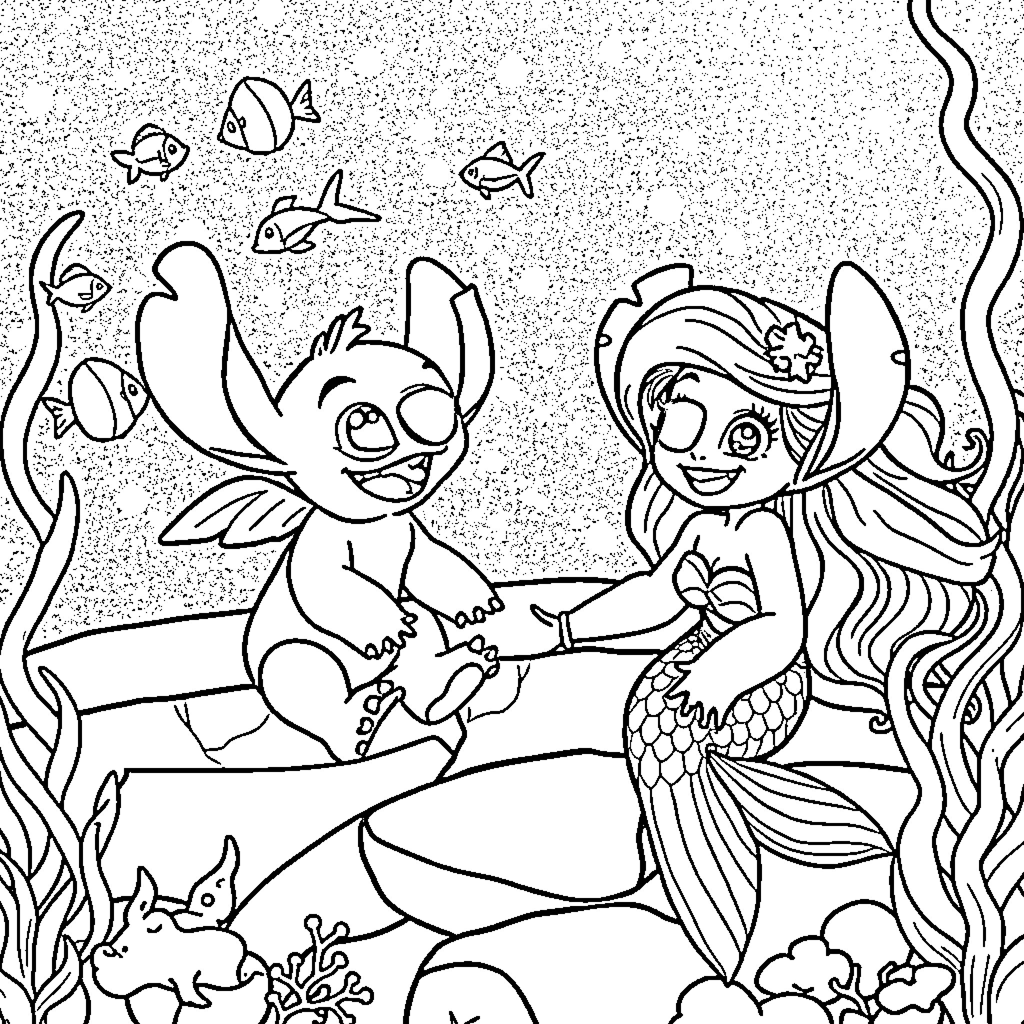 Ariel and Stitch Underwater Adventure Coloring Page (free black-and-white line drawing printable PDF for all, from beginners to advanced learners, including children, teens, adults, and seniors)