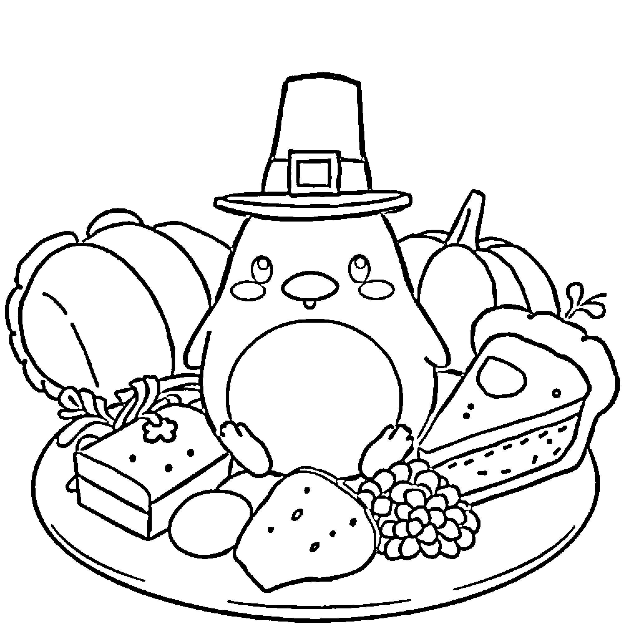 Gudetama enjoying a Thanksgiving feast Coloring Page (free black-and-white line drawing printable PDF for all, from beginners to advanced learners, including children, teens, adults, and seniors)