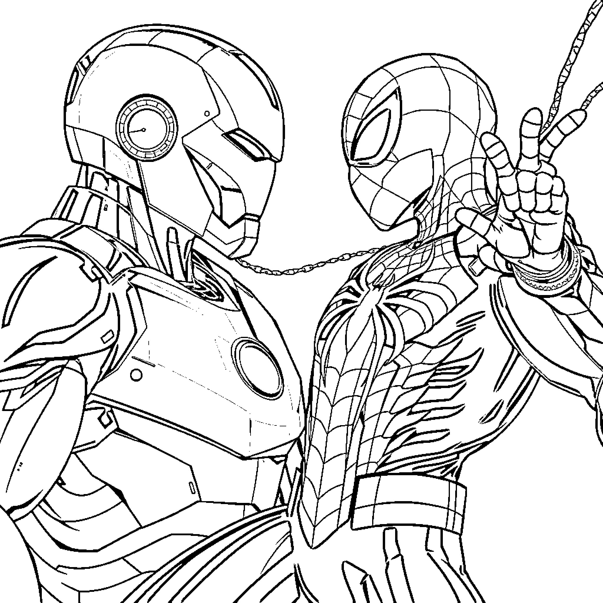Iron Man and Spider-Man in Action Poses Coloring Page (free black-and-white line drawing printable PDF for all, from beginners to advanced learners, including children, teens, adults, and seniors)
