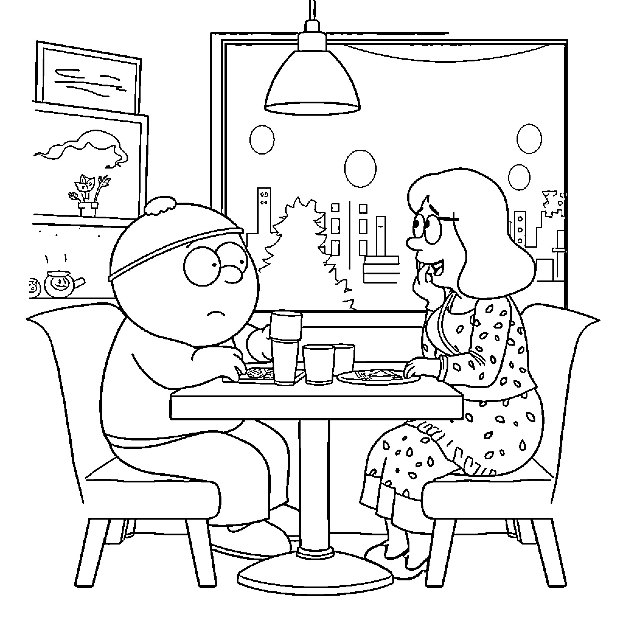 Cartman and friend enjoying a meal in a cozy setting Coloring Page (free black-and-white line drawing printable PDF for all, from beginners to advanced learners, including children, teens, adults, and seniors)