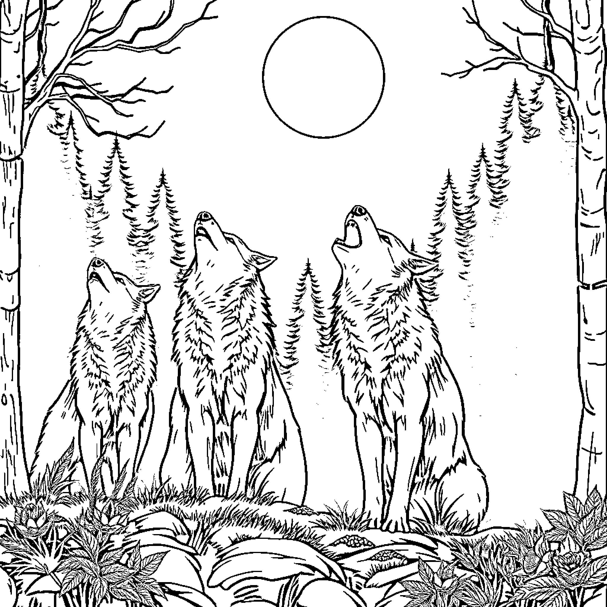 Wolf pack howling at the moon in the forest Coloring Page (free black-and-white line drawing printable PDF for all, from beginners to advanced learners, including children, teens, adults, and seniors)