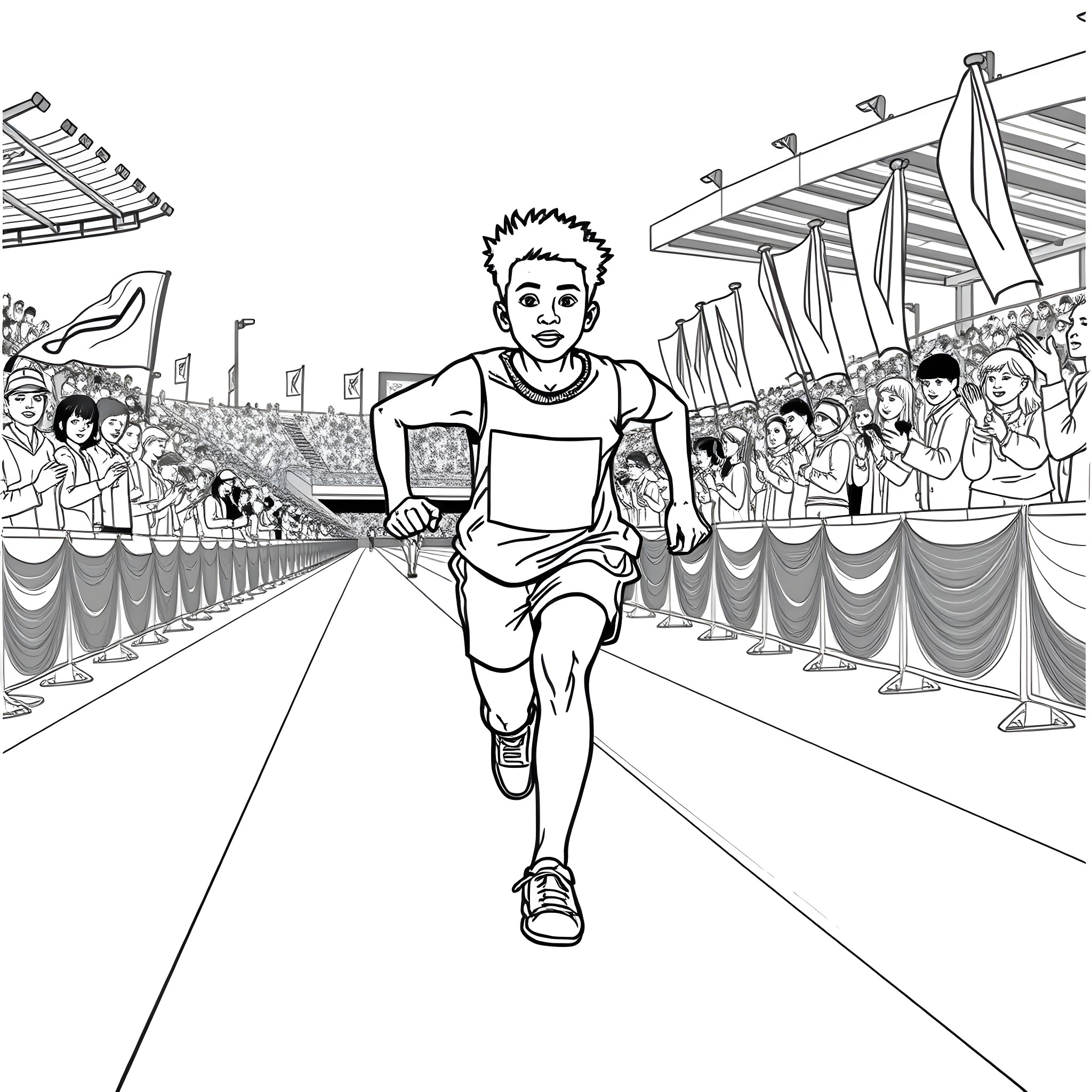 Teen athlete running on sports track with cheering crowd Coloring Page (free black-and-white line drawing printable PDF for all, from beginners to advanced learners, including children, teens, adults, and seniors)