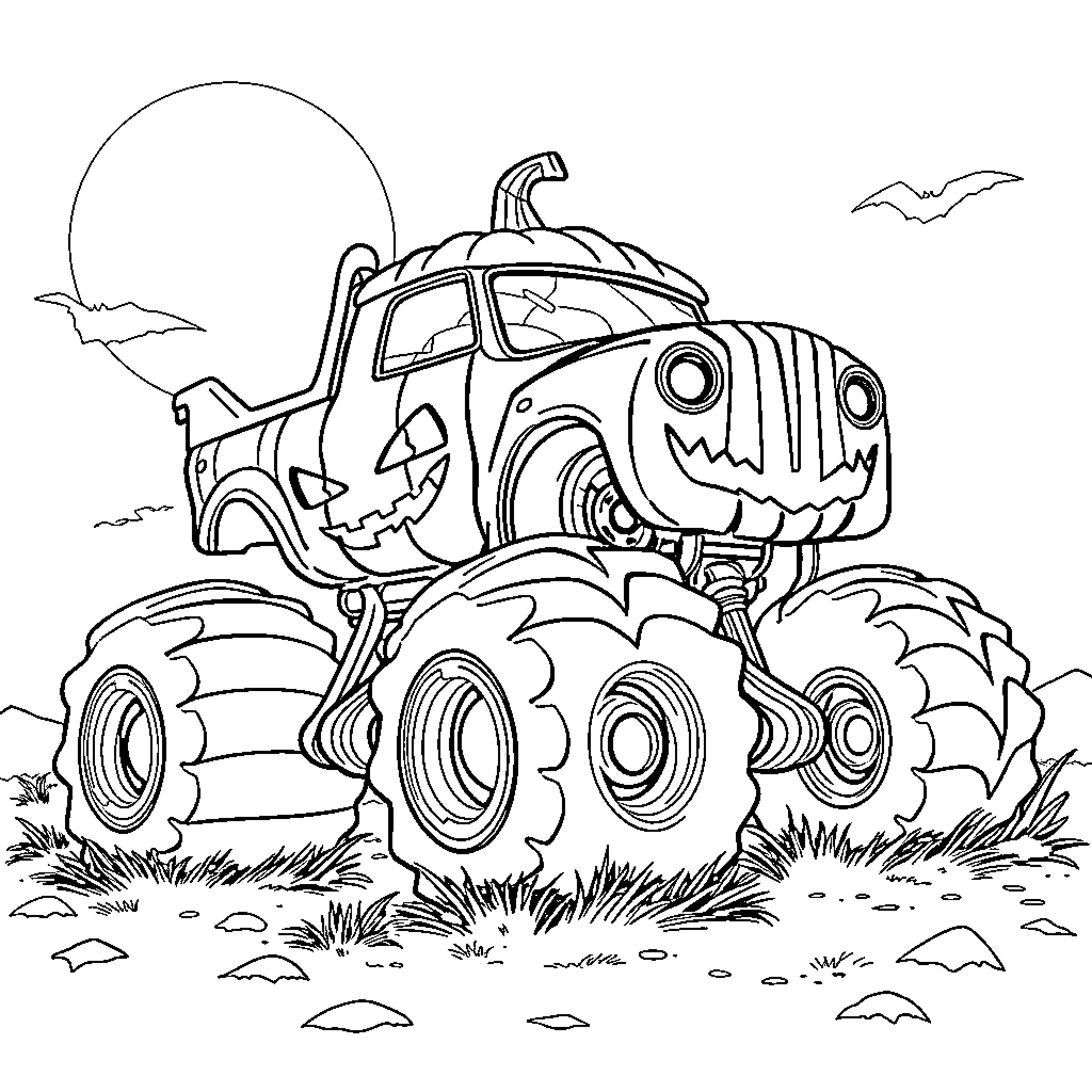 Monster Truck Terrorizing the Countryside Coloring Page (free black-and-white line drawing printable PDF for all, from beginners to advanced learners, including children, teens, adults, and seniors)