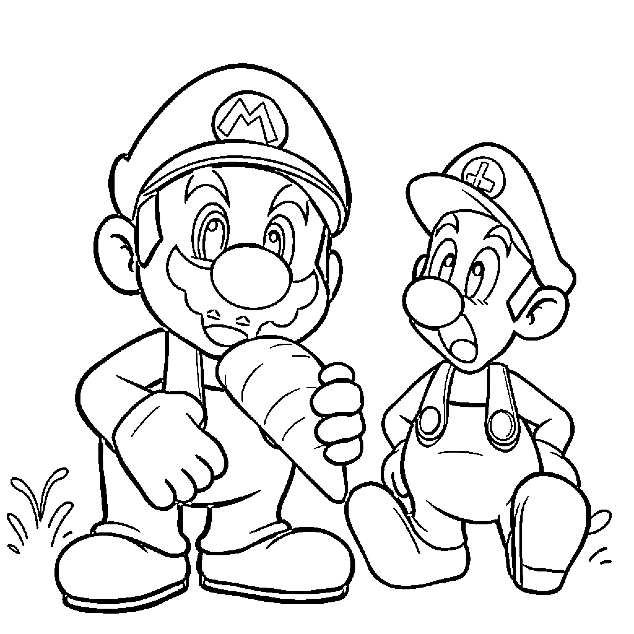 Super Mario and Luigi in Adventure Mode Coloring Page (free black-and-white line drawing printable PDF for all, from beginners to advanced learners, including children, teens, adults, and seniors)