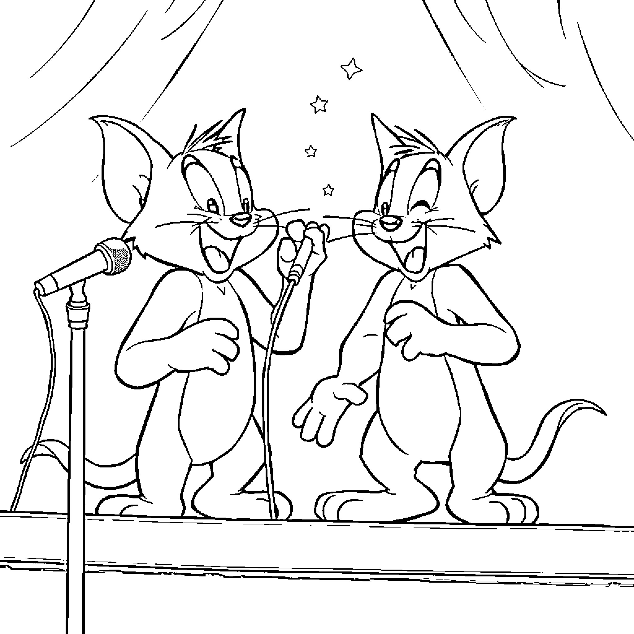Tom and Jerry performing on stage together Coloring Page (free black-and-white line drawing printable PDF for all, from beginners to advanced learners, including children, teens, adults, and seniors)