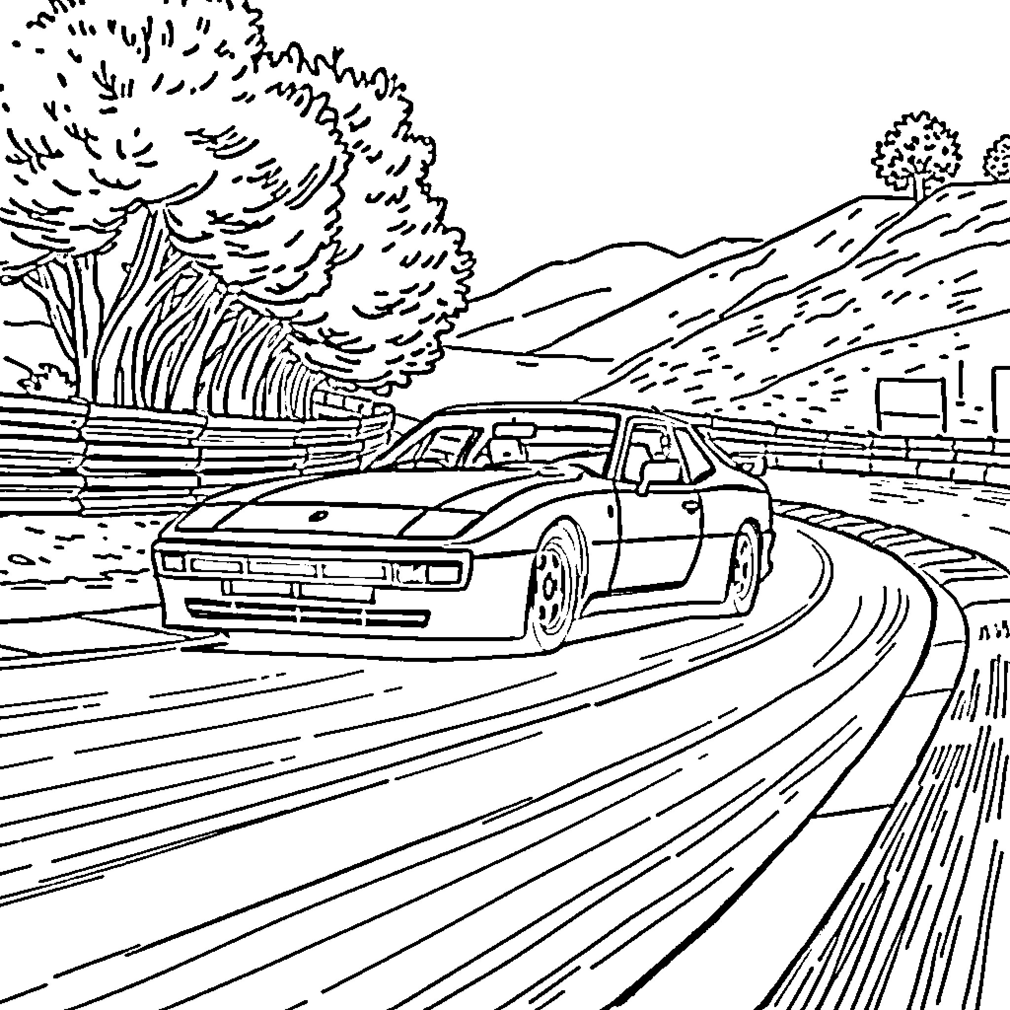 Porsche sports car racing through winding mountain road Coloring Page (free black-and-white line drawing printable PDF for all, from beginners to advanced learners, including children, teens, adults, and seniors)
