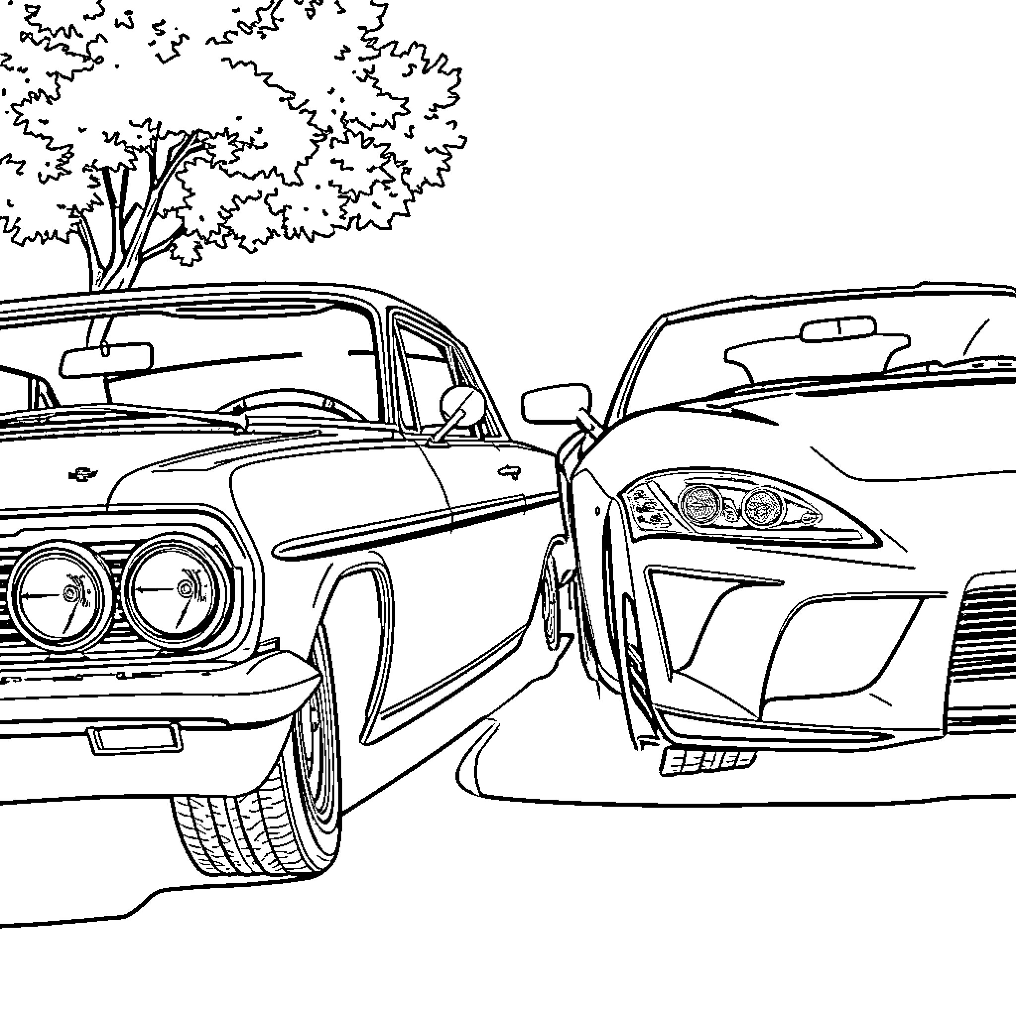 Cars from different eras parked near trees Coloring Page (free black-and-white line drawing printable PDF for all, from beginners to advanced learners, including children, teens, adults, and seniors)