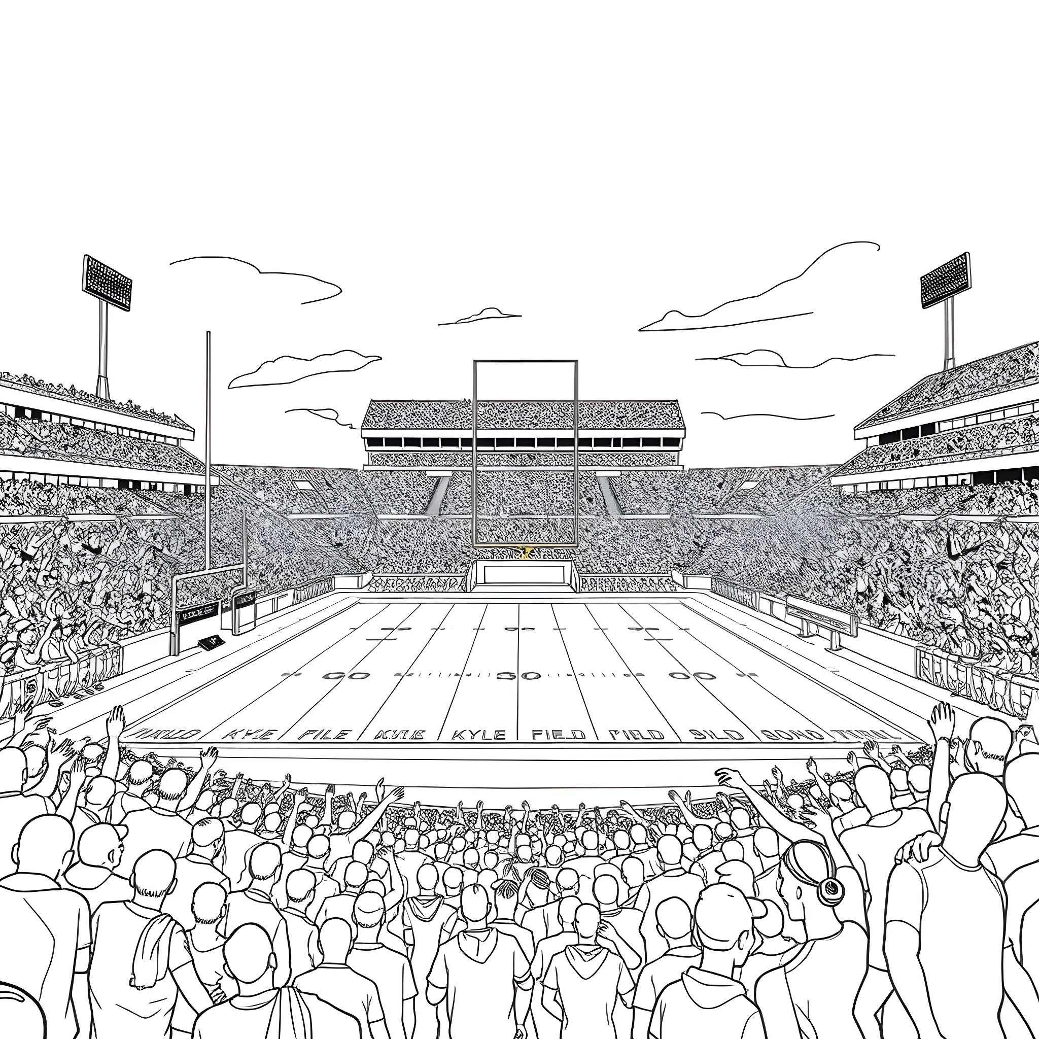 Kyle's Thrilling Football Stadium Adventure Coloring Page (free black-and-white line drawing printable PDF for all, from beginners to advanced learners, including children, teens, adults, and seniors)