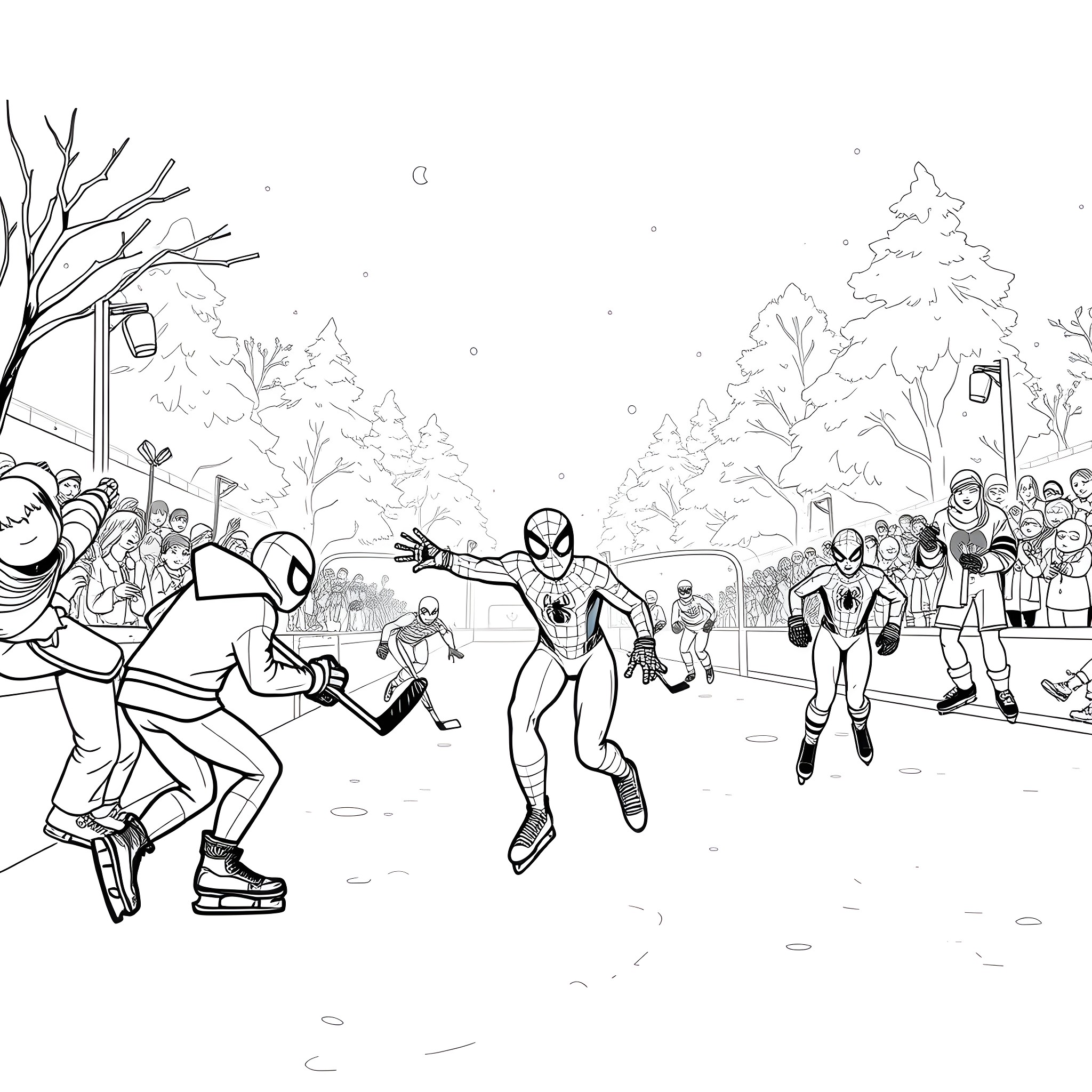 Spidey and Friends in Winter Wonderland Coloring Page (free black-and-white line drawing printable PDF for all, from beginners to advanced learners, including children, teens, adults, and seniors)