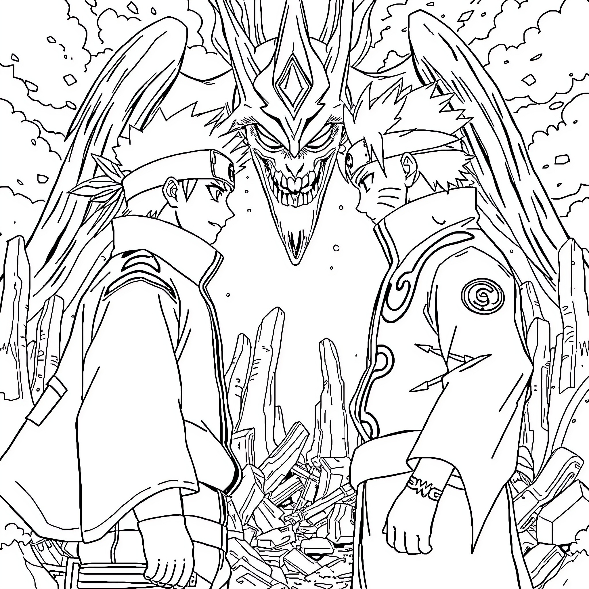 Naruto and friends facing a powerful enemy Coloring Page (free black-and-white line drawing printable PDF for all, from beginners to advanced learners, including children, teens, adults, and seniors)