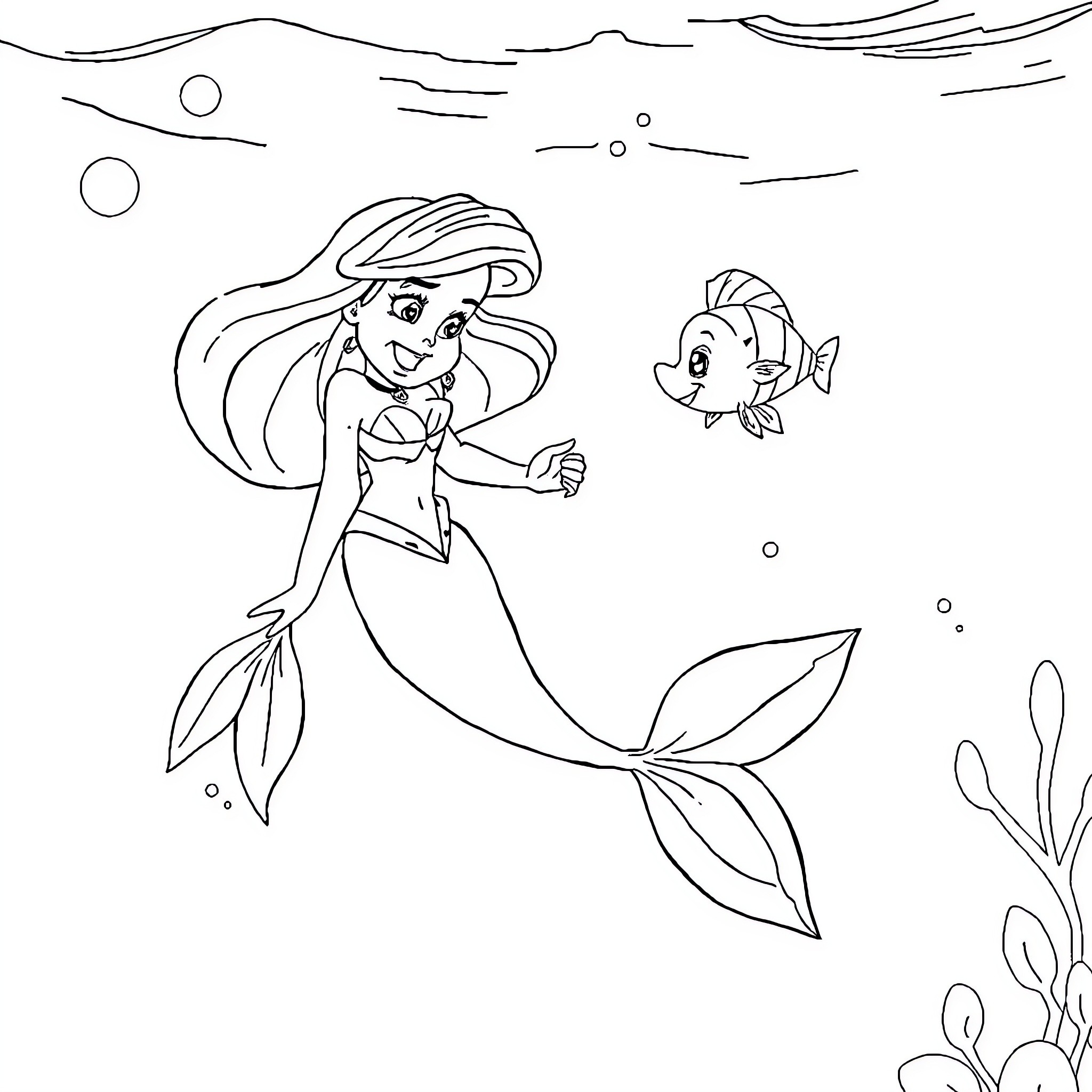 Ariel Explores the Underwater World Coloring Page (free black-and-white line drawing printable PDF for all, from beginners to advanced learners, including children, teens, adults, and seniors)