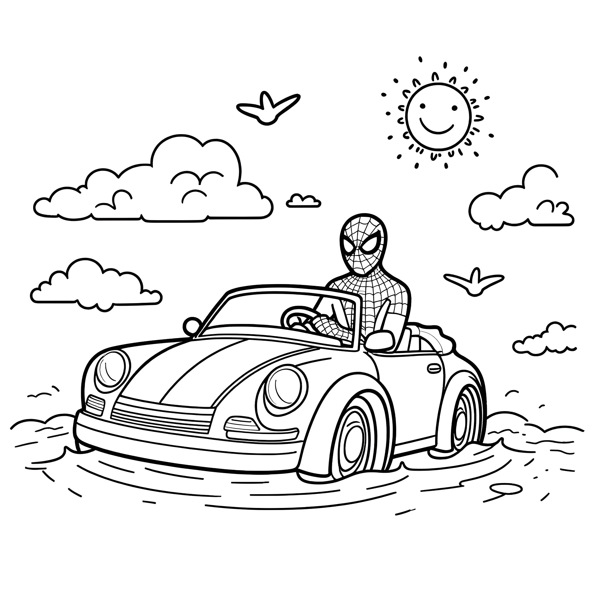 Spiderman driving a car on a sunny day Coloring Page (free black-and-white line drawing printable PDF for all, from beginners to advanced learners, including children, teens, adults, and seniors)