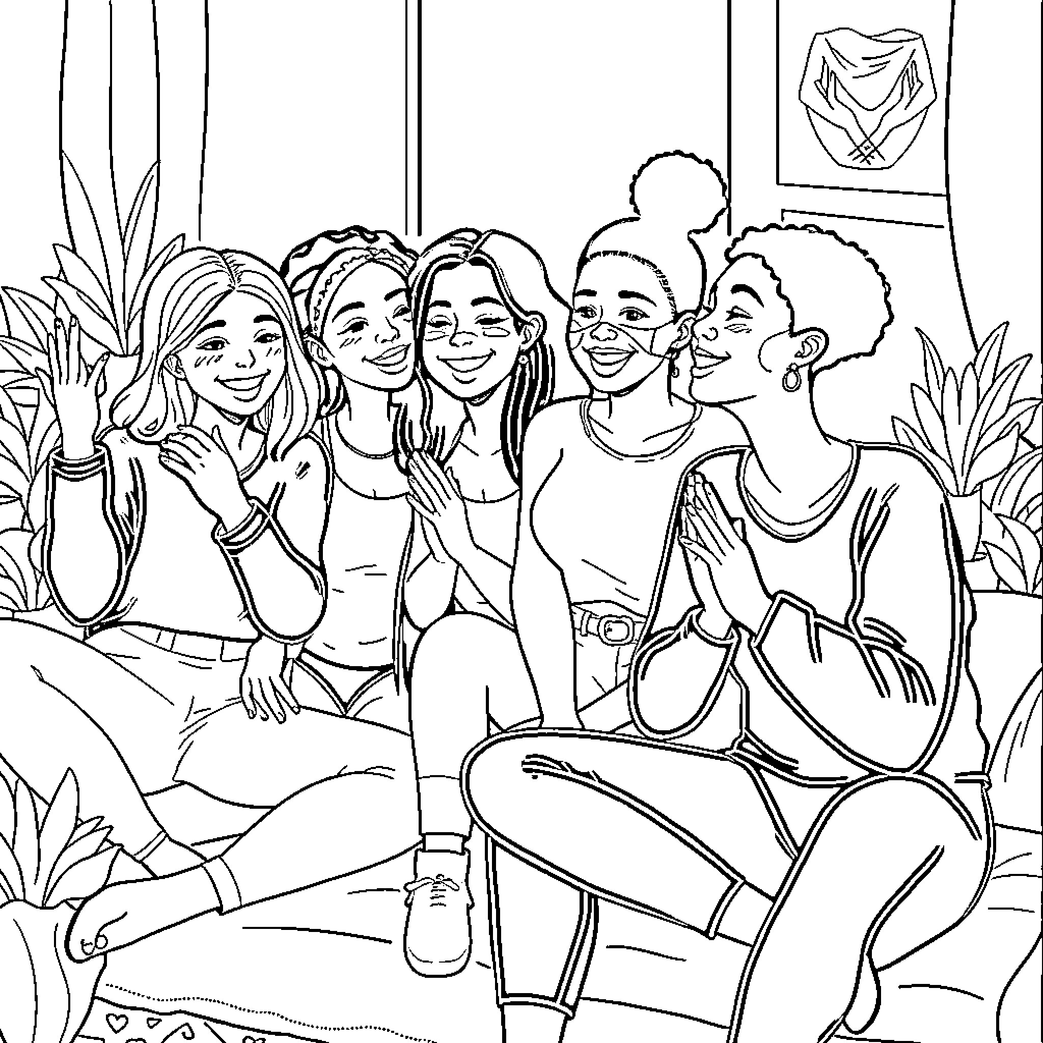 Teenager friends smiling and posing together Coloring Page (free black-and-white line drawing printable PDF for all, from beginners to advanced learners, including children, teens, adults, and seniors)