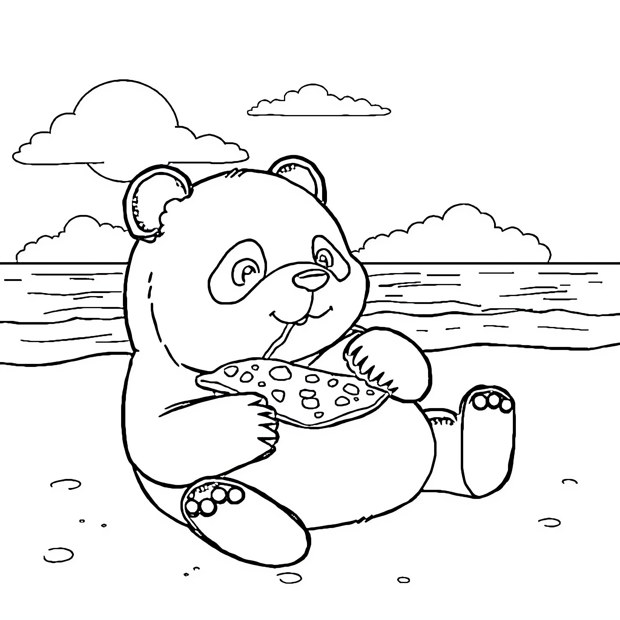 Panda enjoying a snack by the sea Coloring Page (free black-and-white line drawing printable PDF for all, from beginners to advanced learners, including children, teens, adults, and seniors)