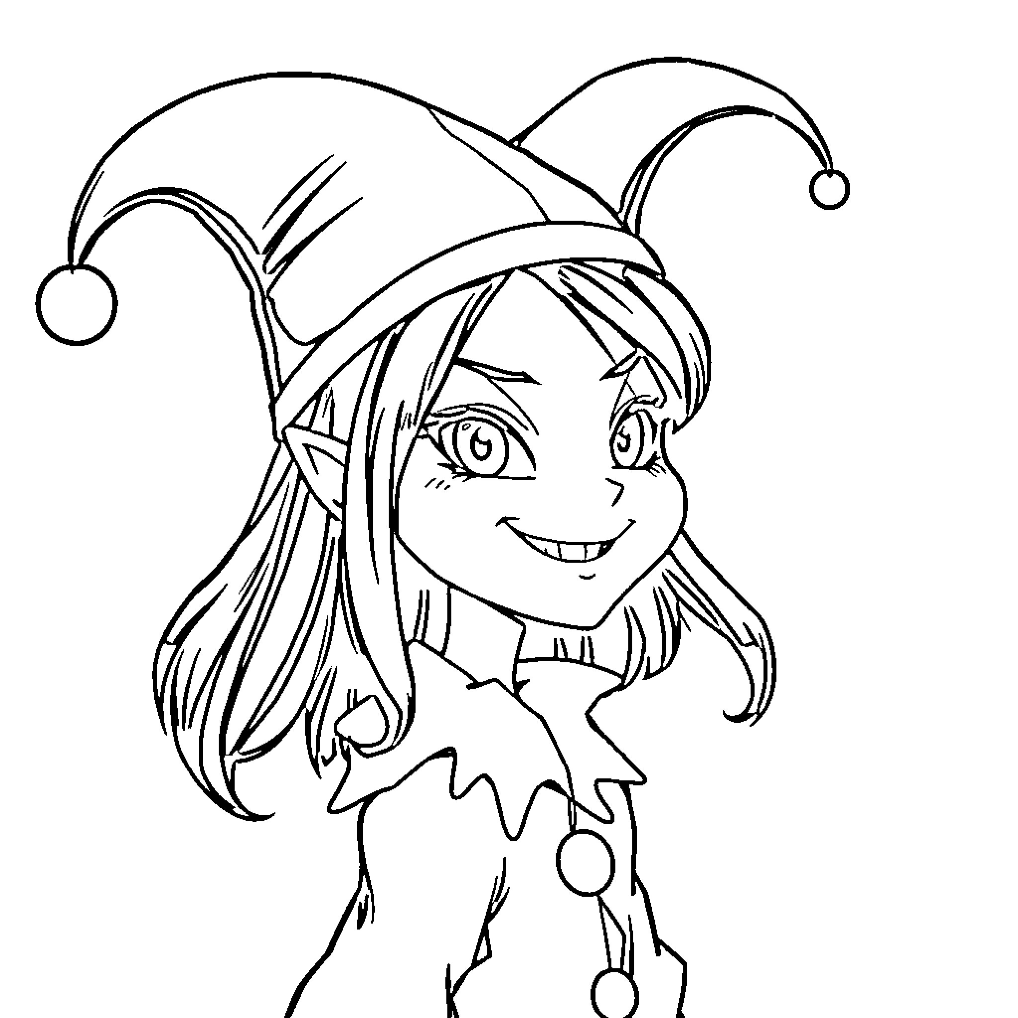 Kuromi playing with jester's hat and costume Coloring Page (free black-and-white line drawing printable PDF for all, from beginners to advanced learners, including children, teens, adults, and seniors)