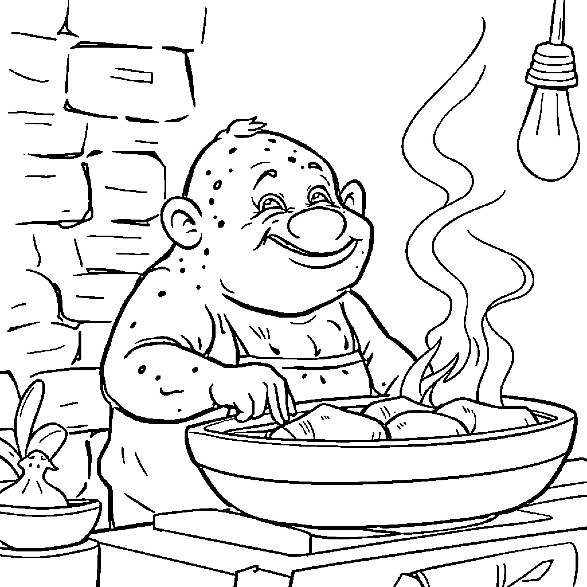 Grill cooking outdoors with happy chef Coloring Page (free black-and-white line drawing printable PDF for all, from beginners to advanced learners, including children, teens, adults, and seniors)