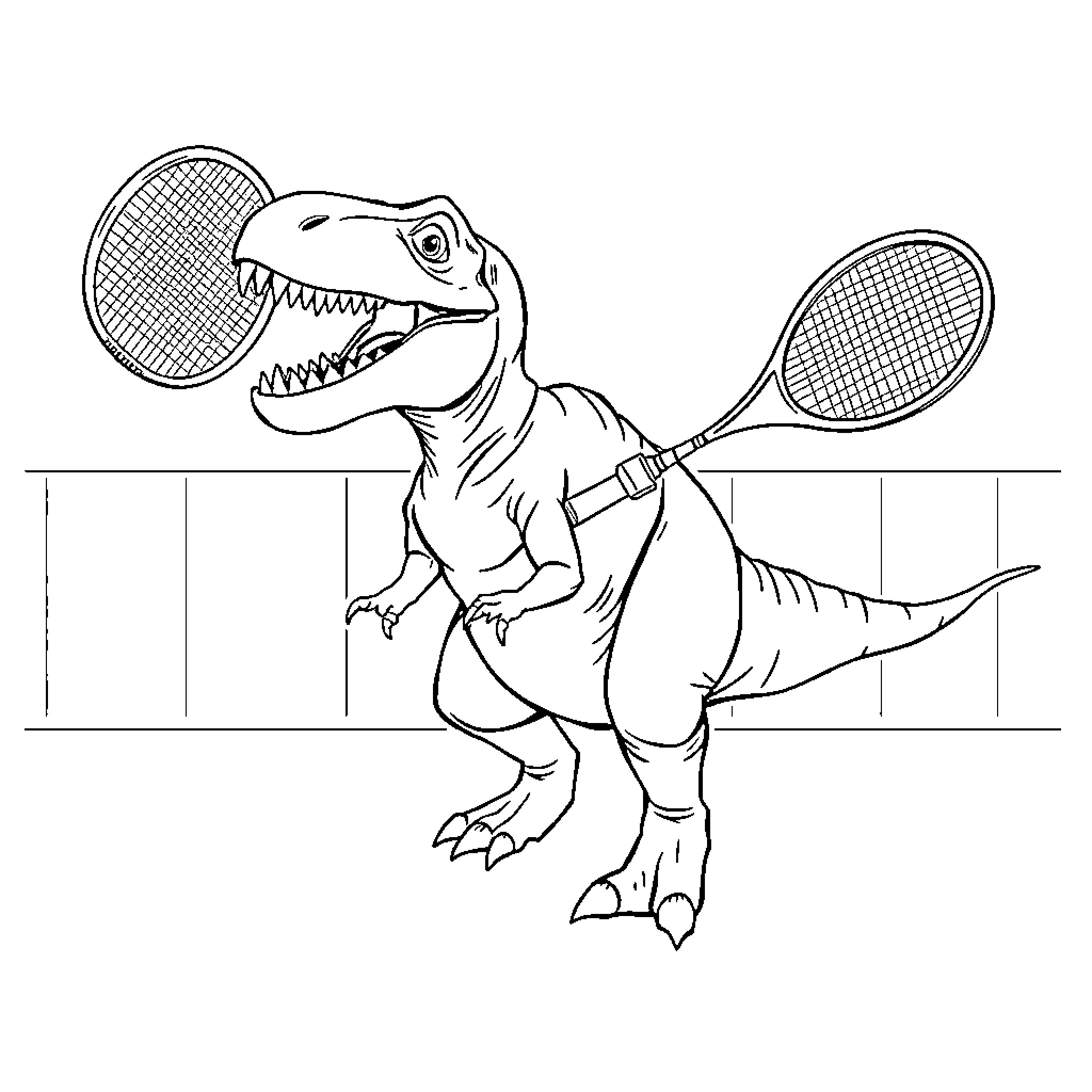 Tyrannosaurus Rex playing tennis with giant rackets Coloring Page (free black-and-white line drawing printable PDF for all, from beginners to advanced learners, including children, teens, adults, and seniors)