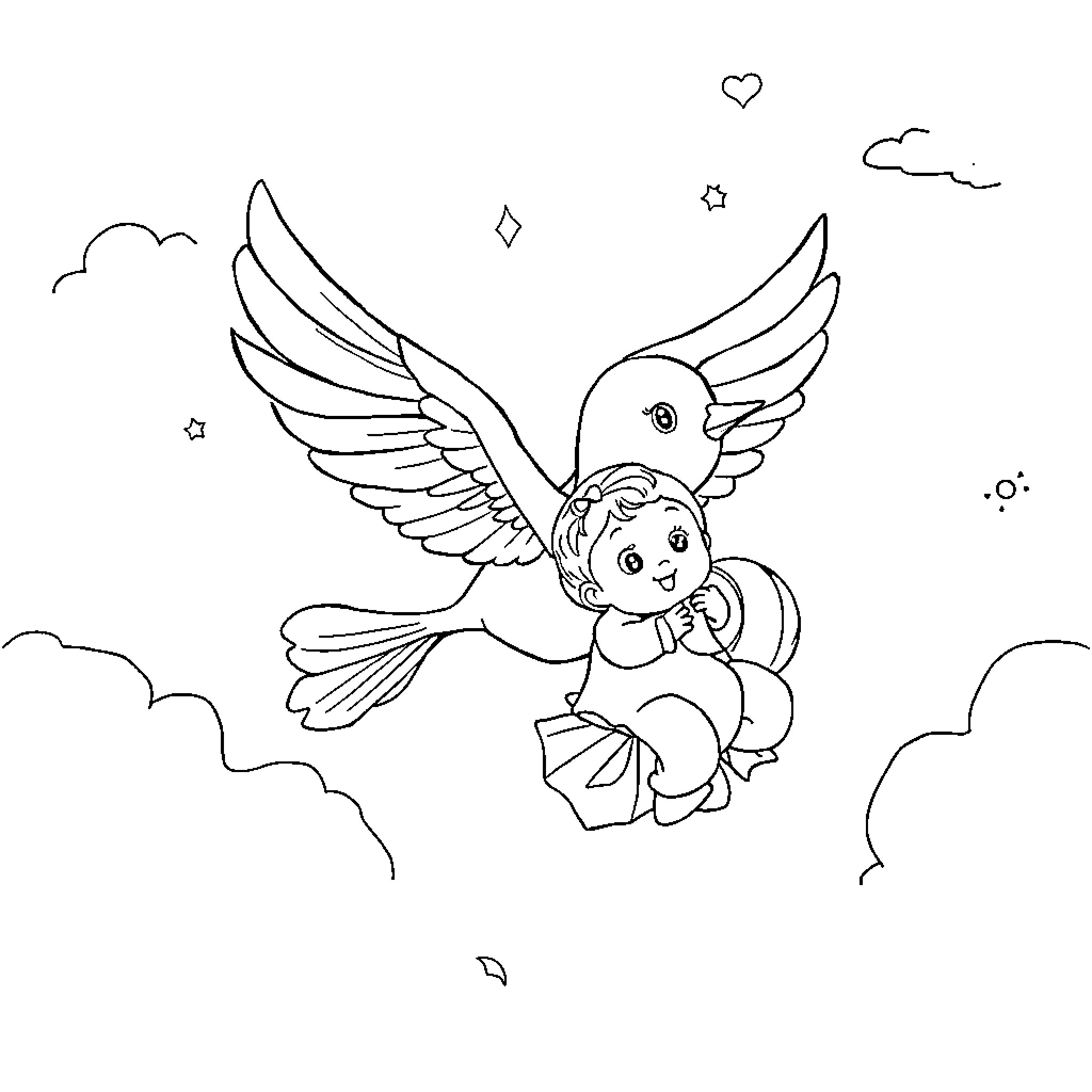 Stork carrying a baby through the sky Coloring Page (free black-and-white line drawing printable PDF for all, from beginners to advanced learners, including children, teens, adults, and seniors)