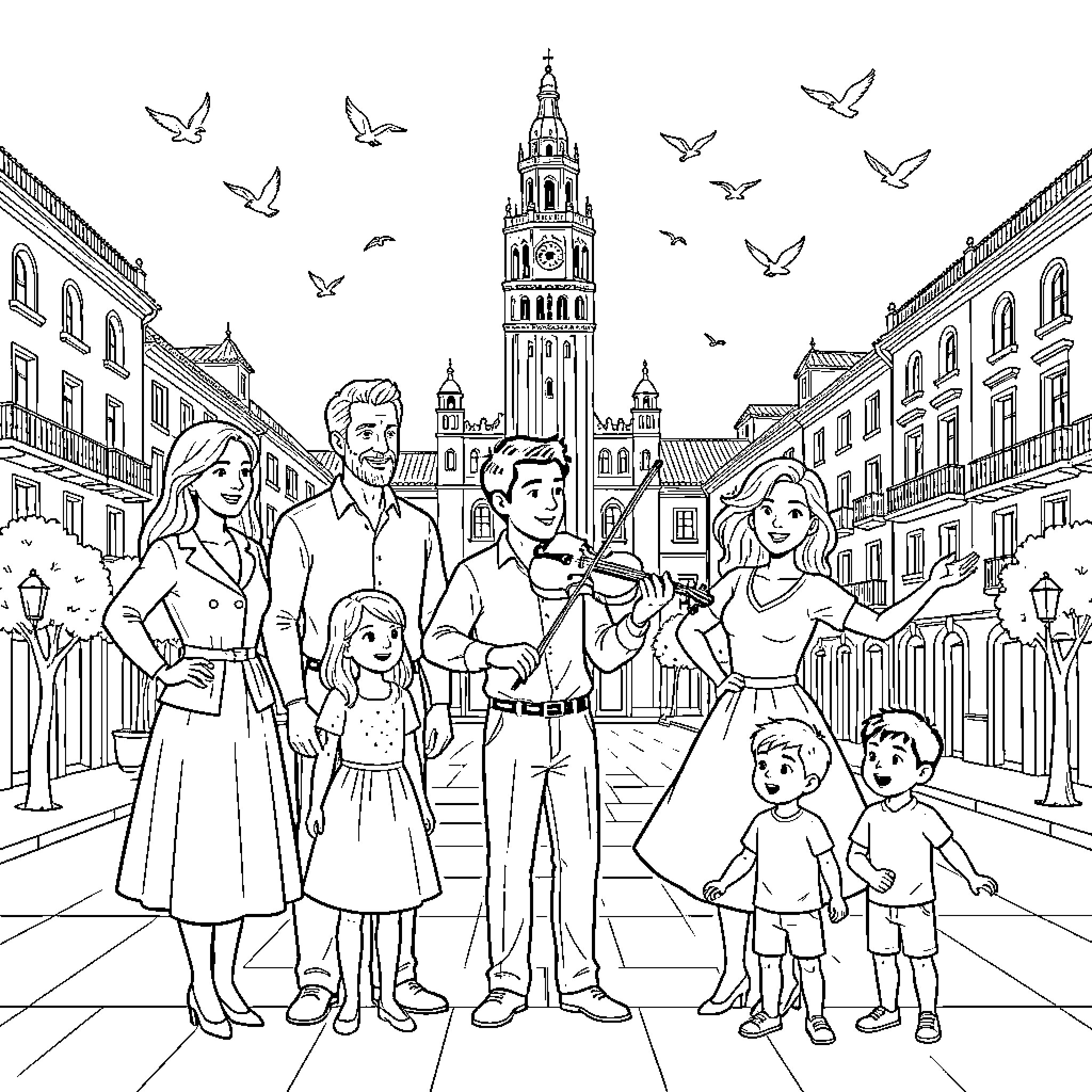 Family enjoying music and sightseeing in a city square Coloring Page (free black-and-white line drawing printable PDF for all, from beginners to advanced learners, including children, teens, adults, and seniors)