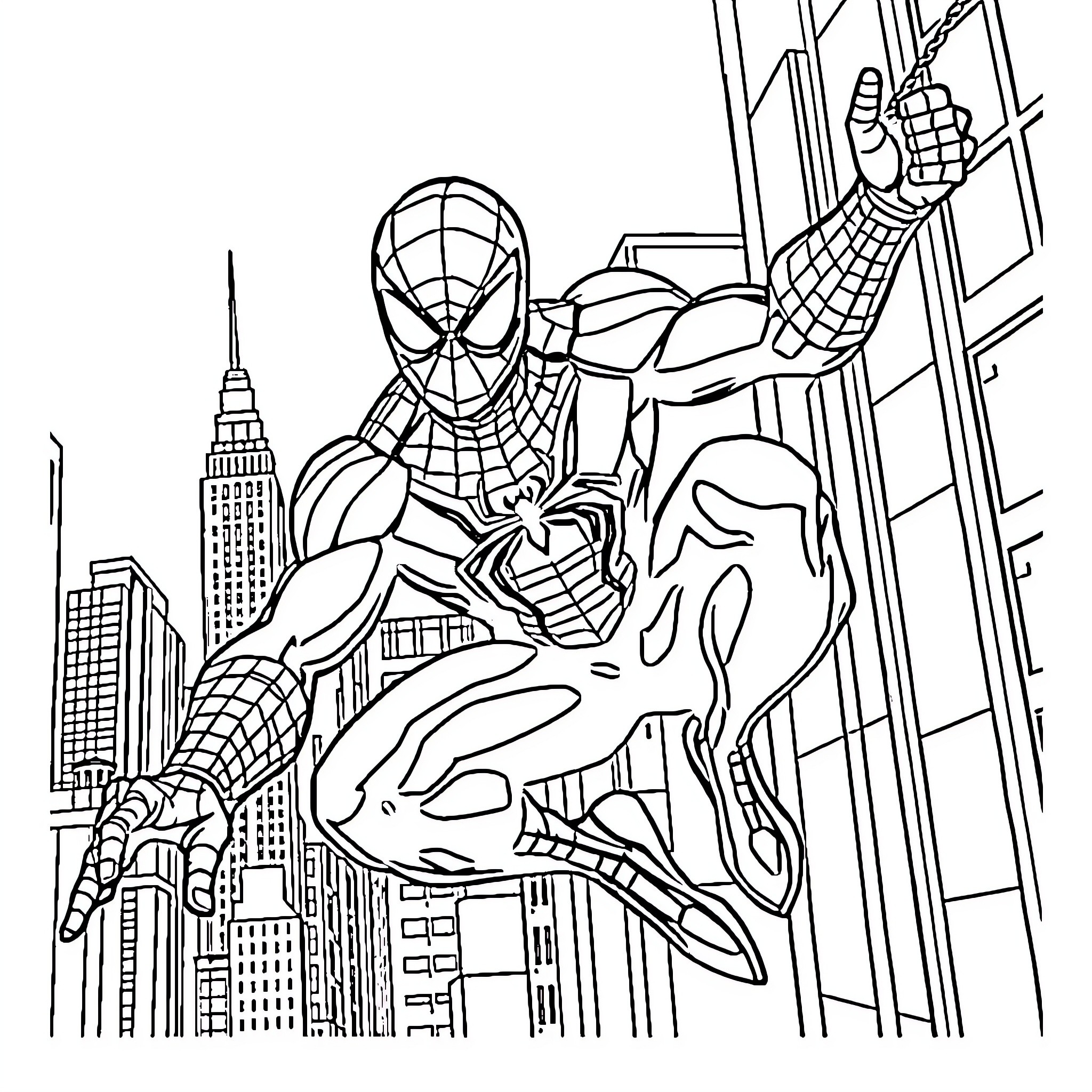 Spiderman swinging through the city skyline Coloring Page (free black-and-white line drawing printable PDF for all, from beginners to advanced learners, including children, teens, adults, and seniors)