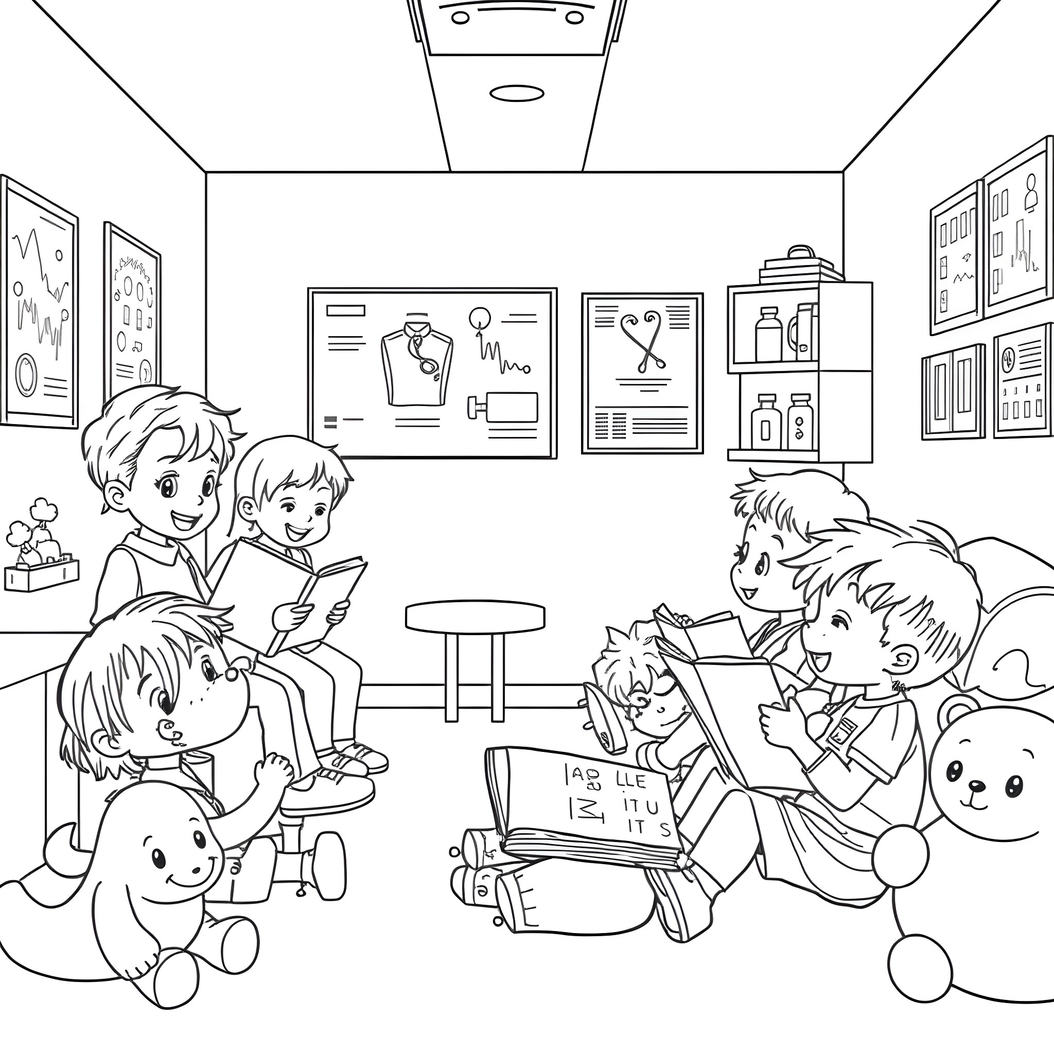 Child playing and learning in the classroom Coloring Page (free black-and-white line drawing printable PDF for all, from beginners to advanced learners, including children, teens, adults, and seniors)