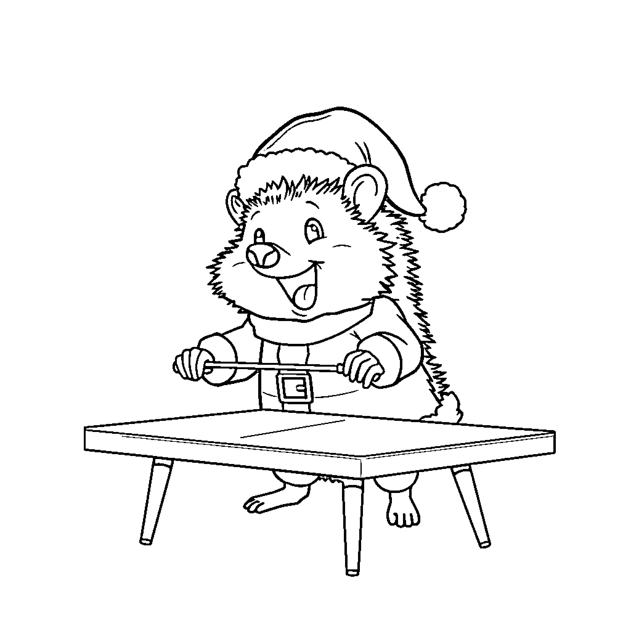 Hedgehog playing with toys during Christmas Coloring Page (free black-and-white line drawing printable PDF for all, from beginners to advanced learners, including children, teens, adults, and seniors)