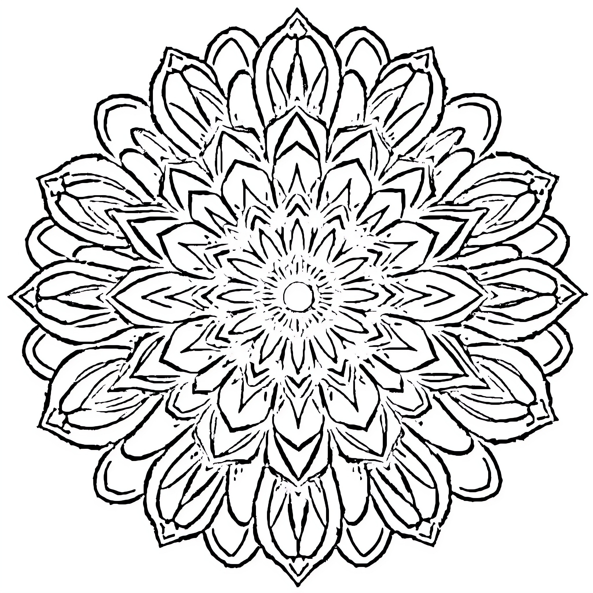Flower Mandala Design with Intricate Petals Coloring Page (free black-and-white line drawing printable PDF for all, from beginners to advanced learners, including children, teens, adults, and seniors)