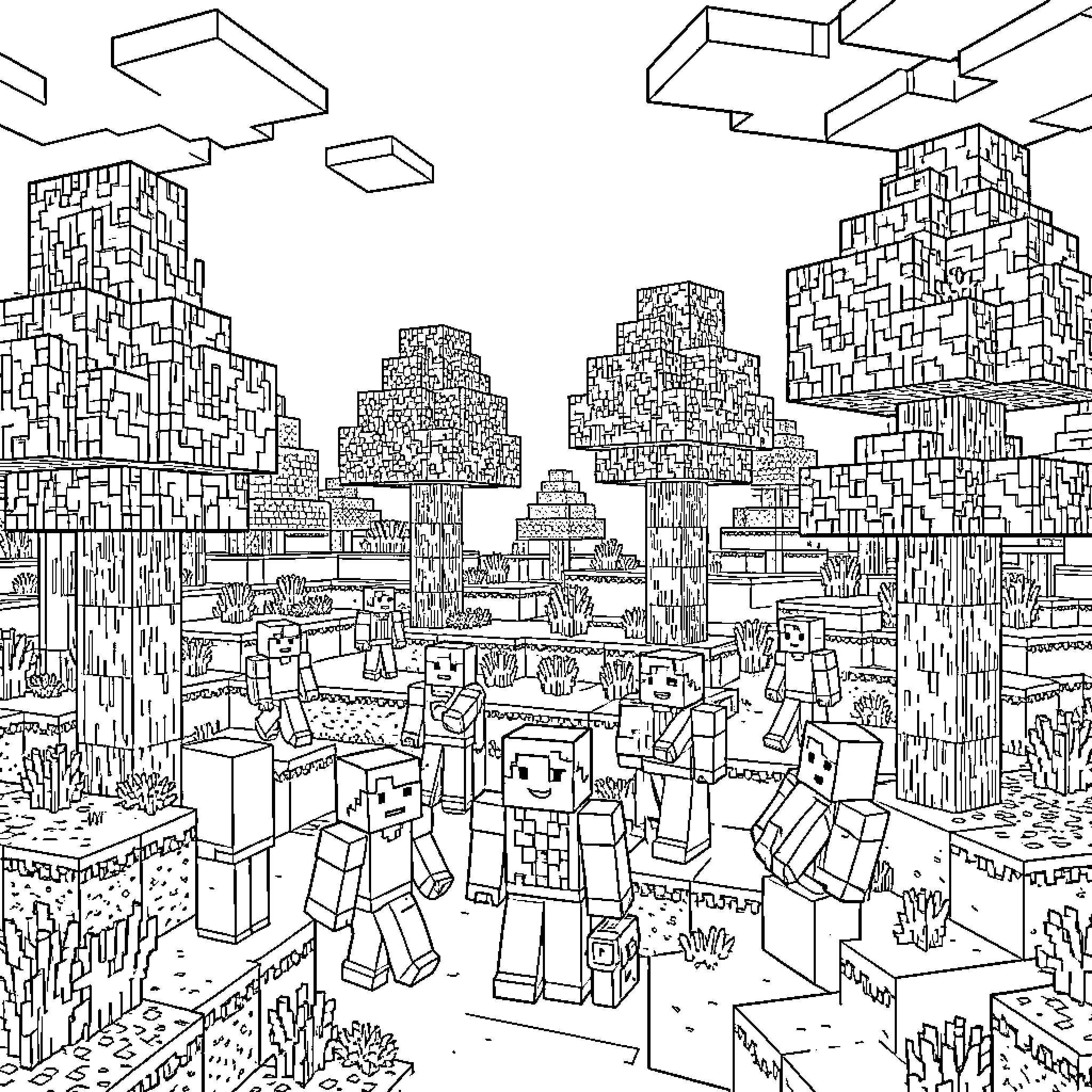 Minecraft Cityscape with Pixelated Residents Coloring Page (free black-and-white line drawing printable PDF for all, from beginners to advanced learners, including children, teens, adults, and seniors)