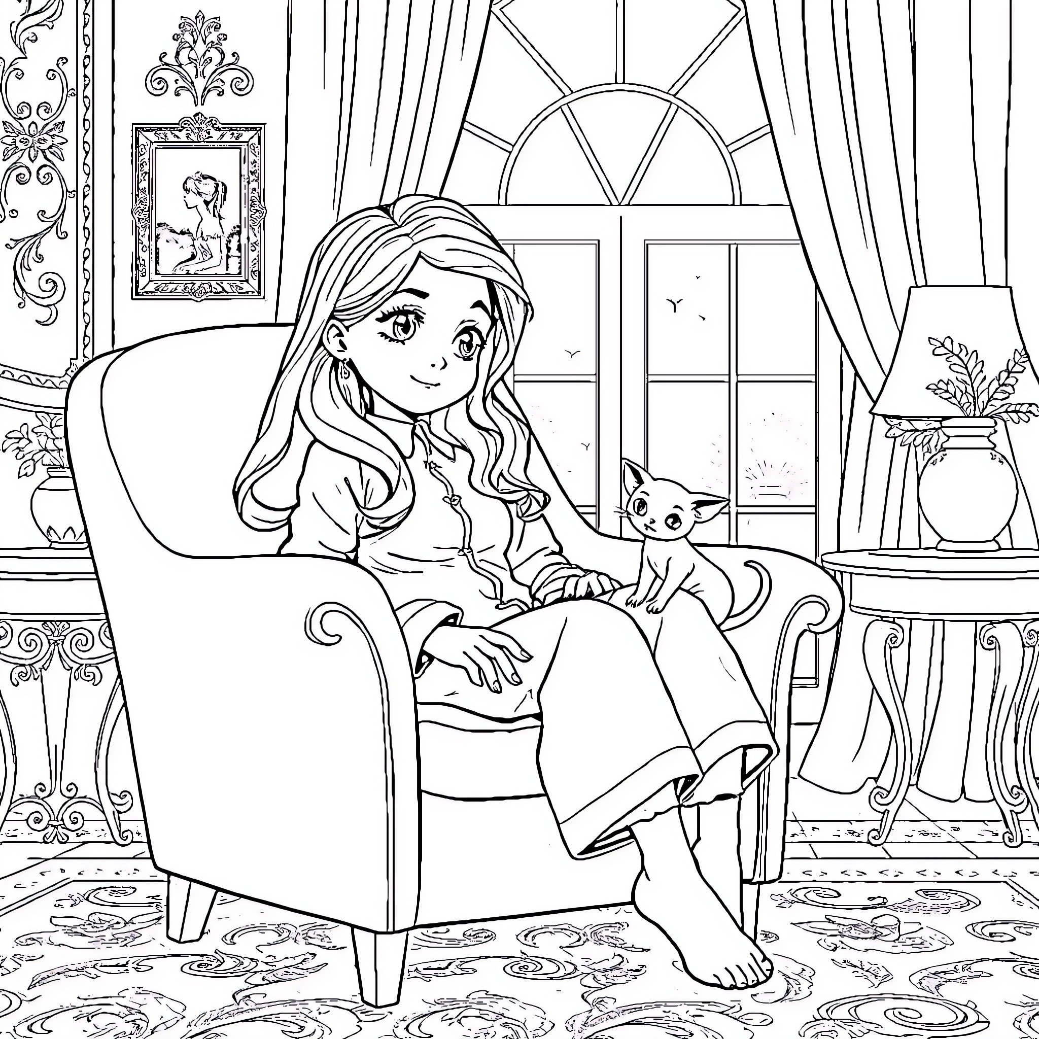 Girl relaxing with her cat in a cozy room Coloring Page (free black-and-white line drawing printable PDF for all, from beginners to advanced learners, including children, teens, adults, and seniors)