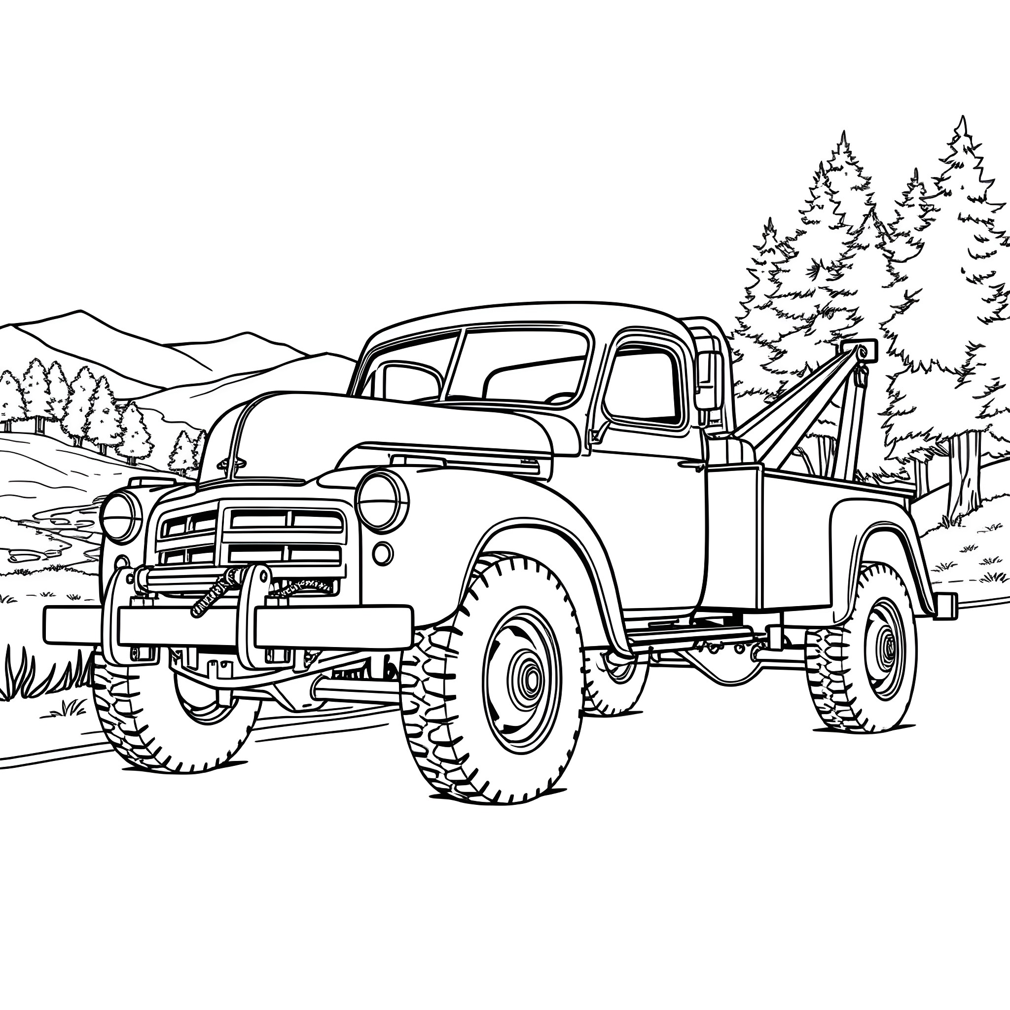 Tow Truck Transporting Vintage Pickup Truck in Scenic Landscape Coloring Page (free black-and-white line drawing printable PDF for all, from beginners to advanced learners, including children, teens, adults, and seniors)