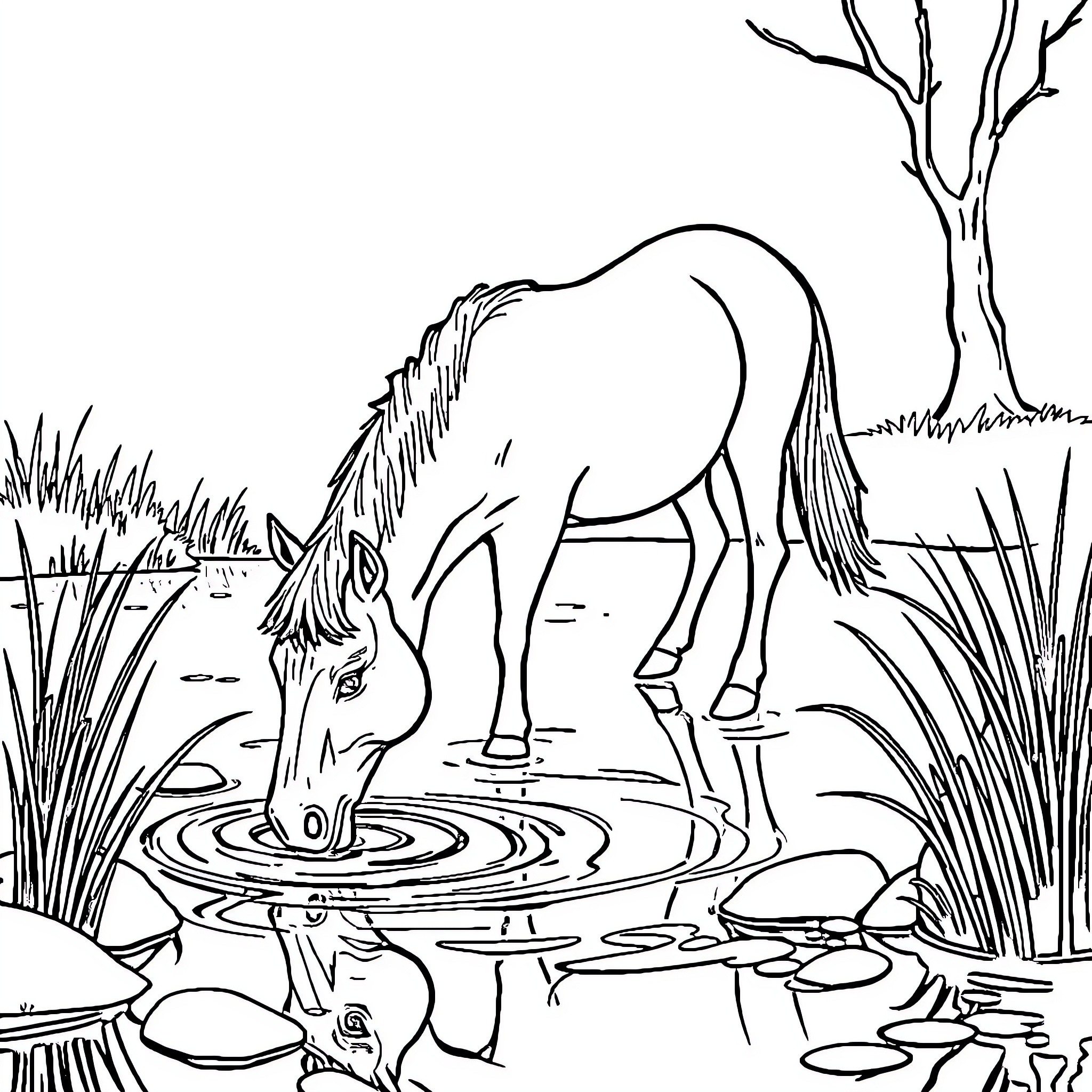 Horse drinking from peaceful pond in the woods Coloring Page (free black-and-white line drawing printable PDF for all, from beginners to advanced learners, including children, teens, adults, and seniors)