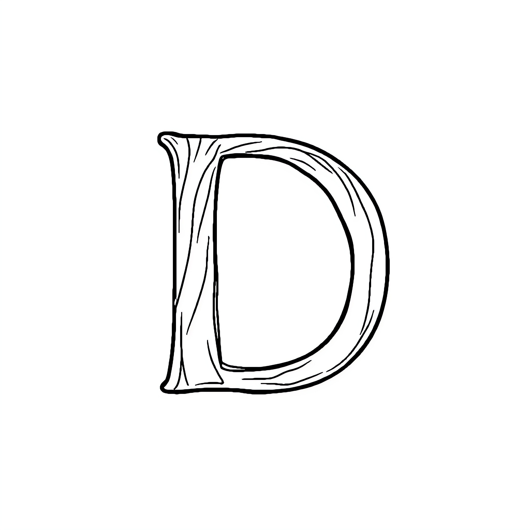 Delicate line art letter D Coloring Page (free black-and-white line drawing printable PDF for all, from beginners to advanced learners, including children, teens, adults, and seniors)