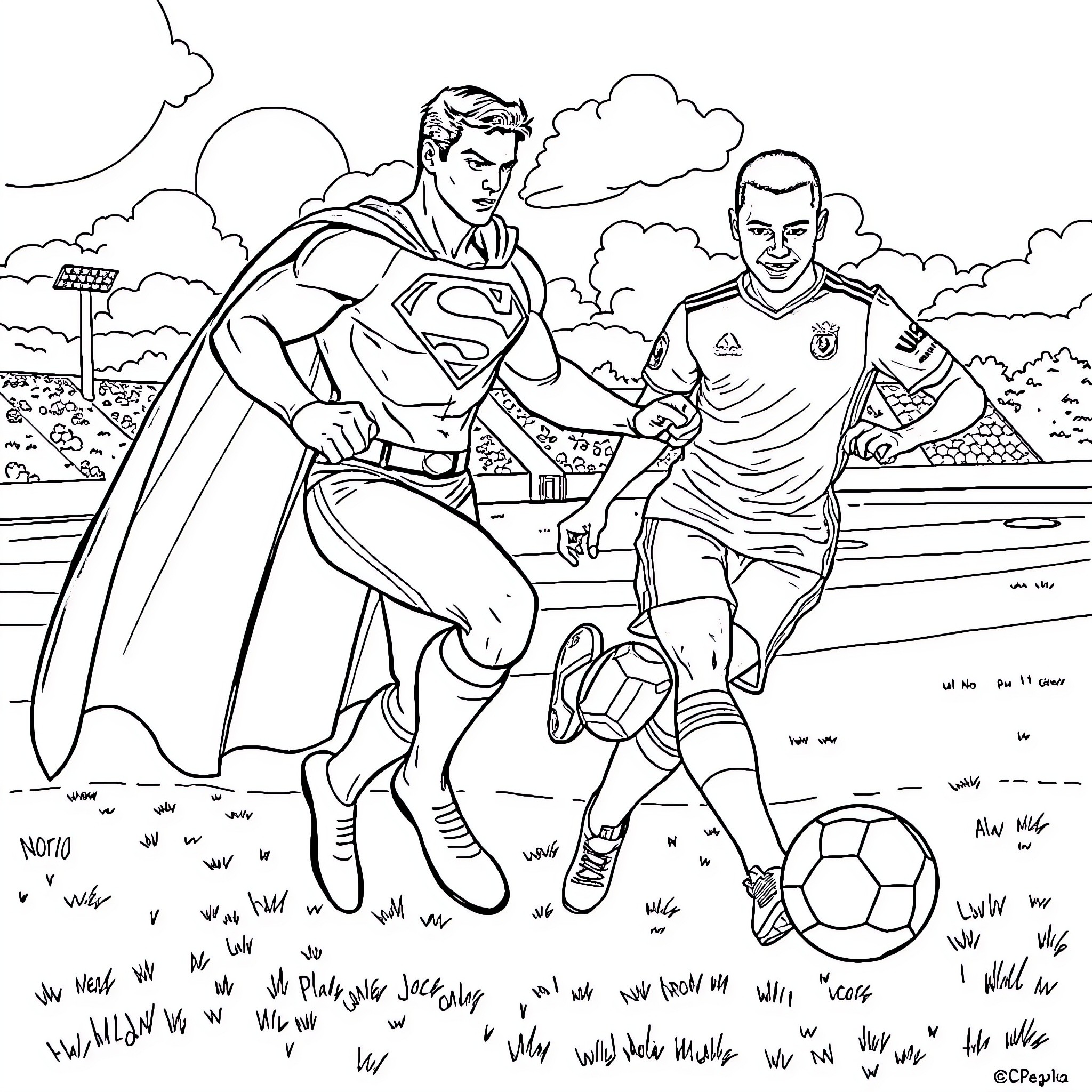 Superman playing soccer with a footballer Coloring Page (free black-and-white line drawing printable PDF for all, from beginners to advanced learners, including children, teens, adults, and seniors)