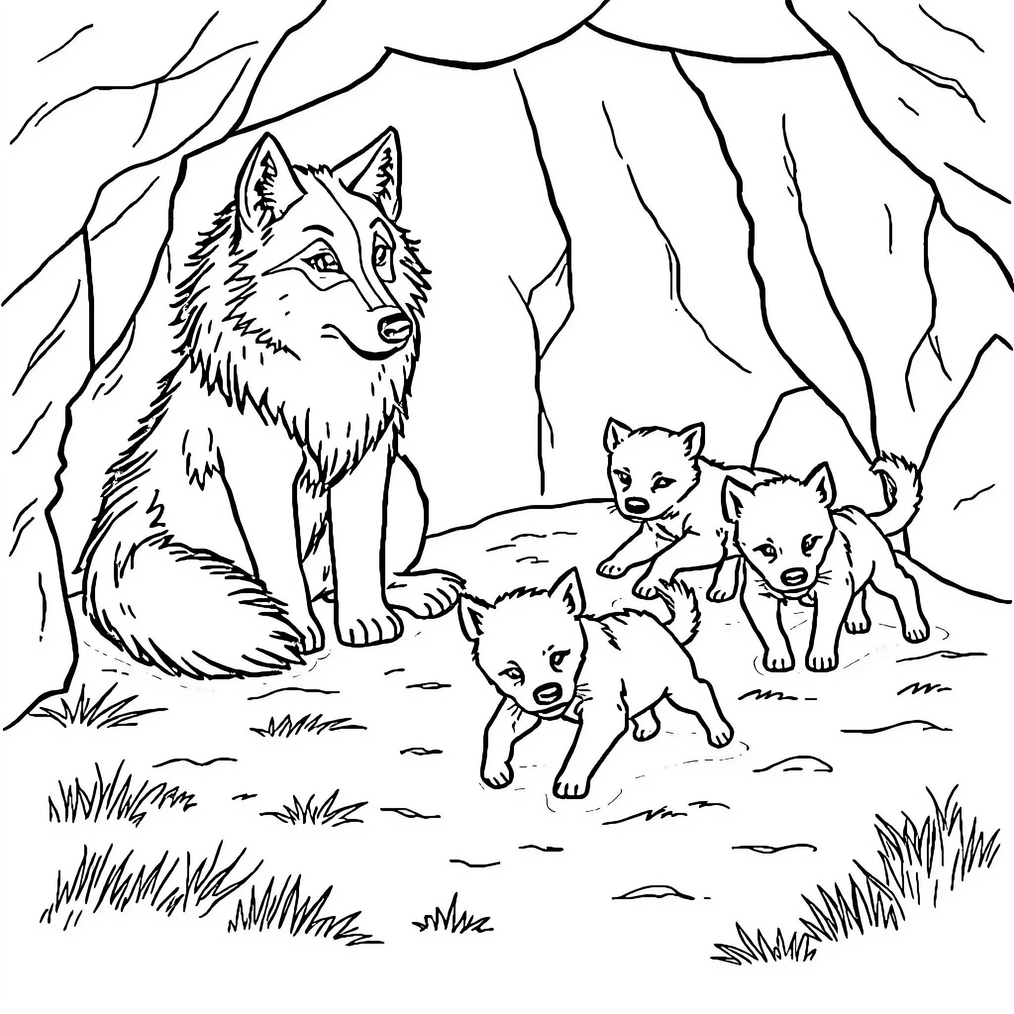 Wolf family in the forest Coloring Page (free black-and-white line drawing printable PDF for all, from beginners to advanced learners, including children, teens, adults, and seniors)