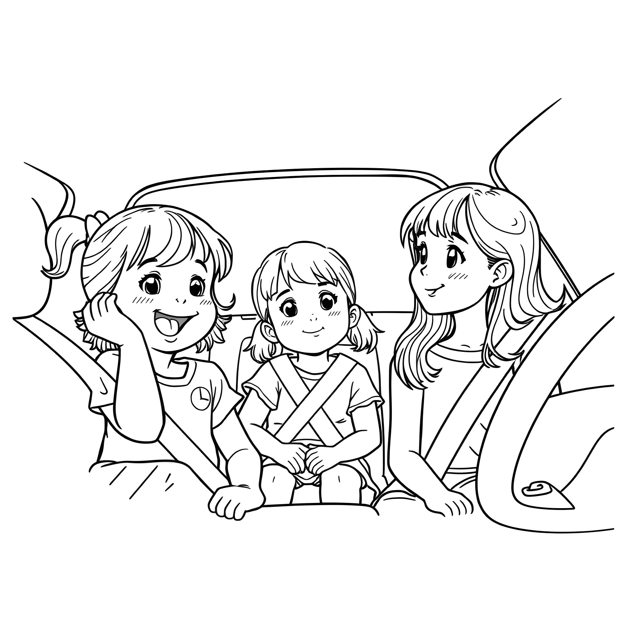 Girls playing together joyfully in the park Coloring Page (free black-and-white line drawing printable PDF for all, from beginners to advanced learners, including children, teens, adults, and seniors)