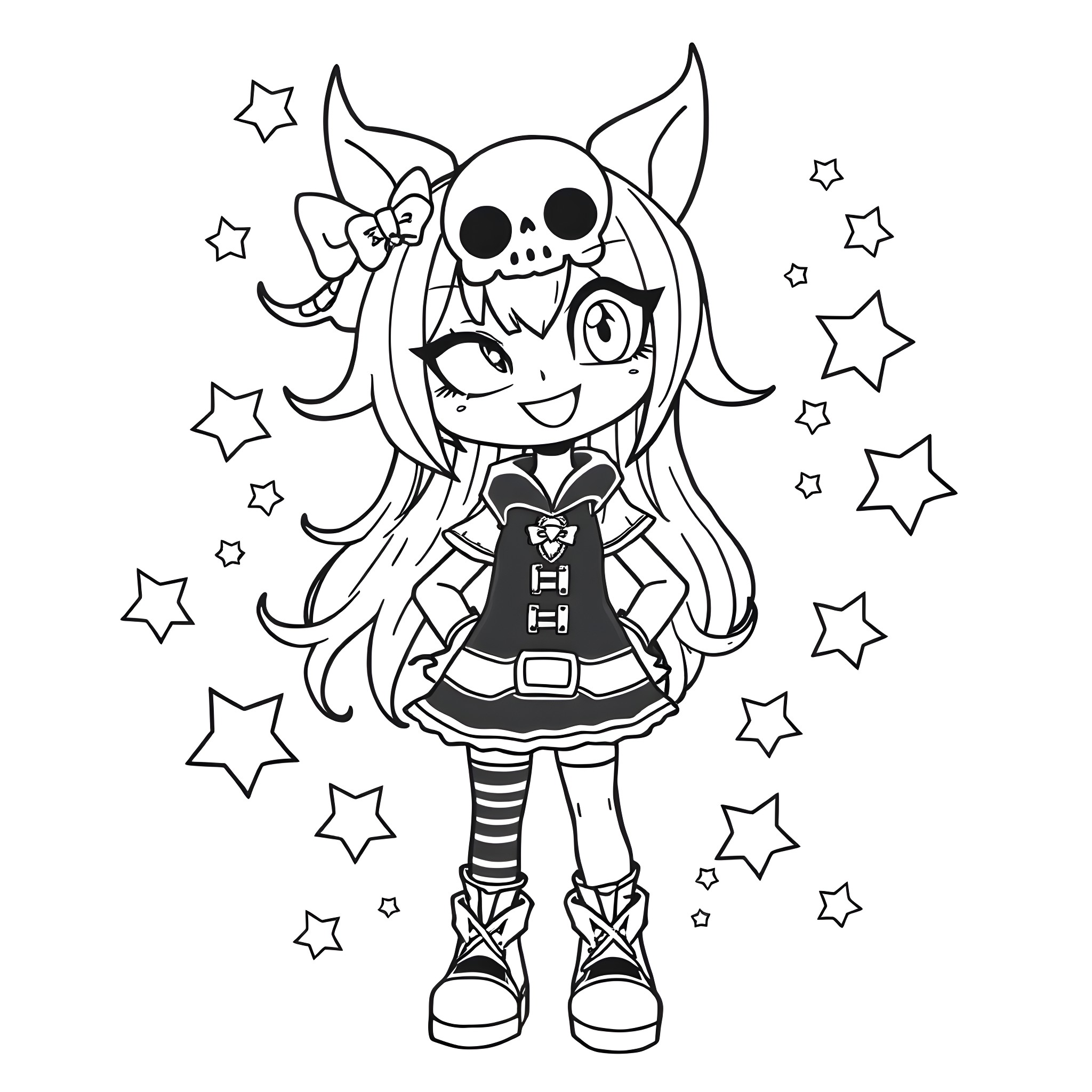 Kuromi enjoying a starry night Coloring Page (free black-and-white line drawing printable PDF for all, from beginners to advanced learners, including children, teens, adults, and seniors)