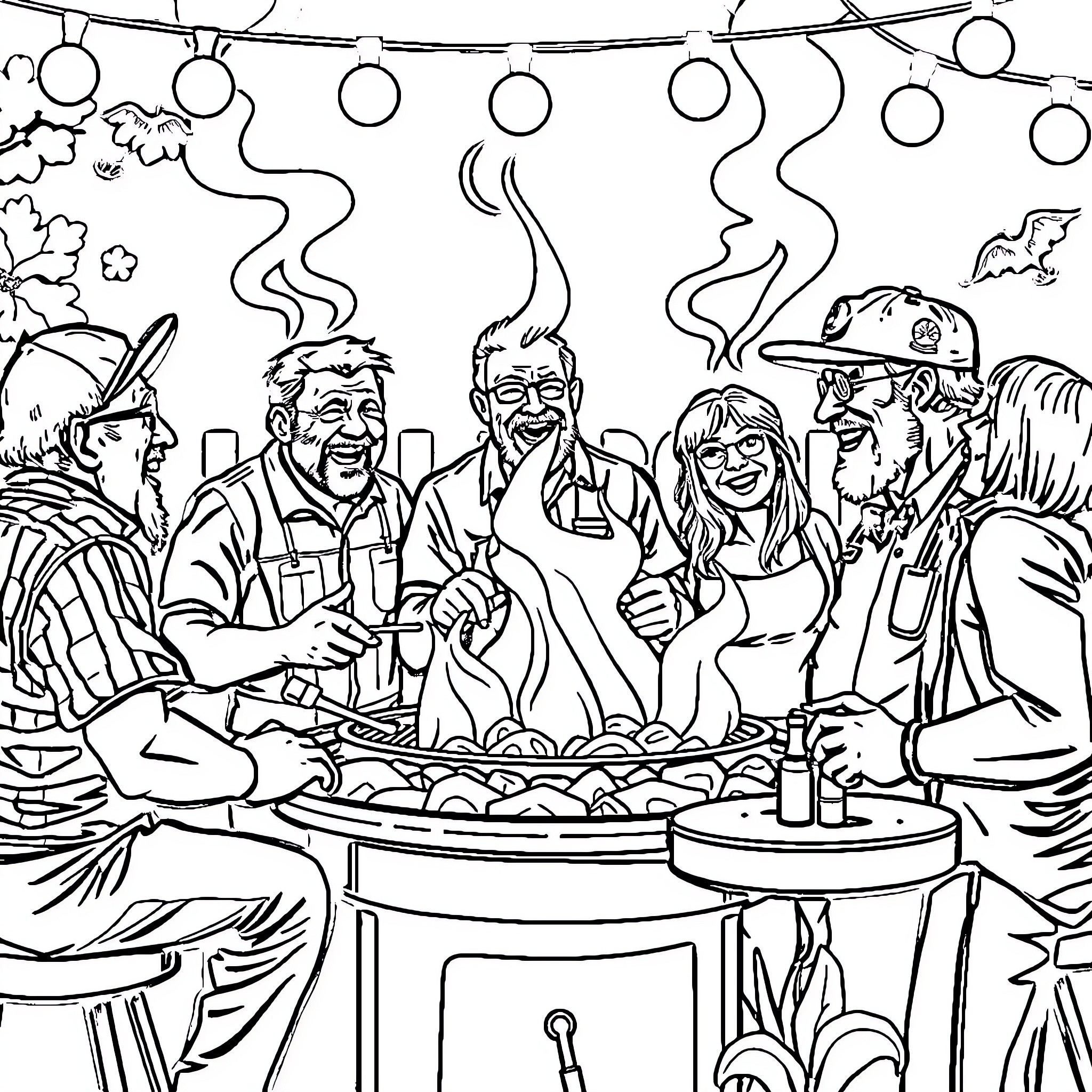 Barbecue gathering with friends enjoying the outdoors Coloring Page (free black-and-white line drawing printable PDF for all, from beginners to advanced learners, including children, teens, adults, and seniors)
