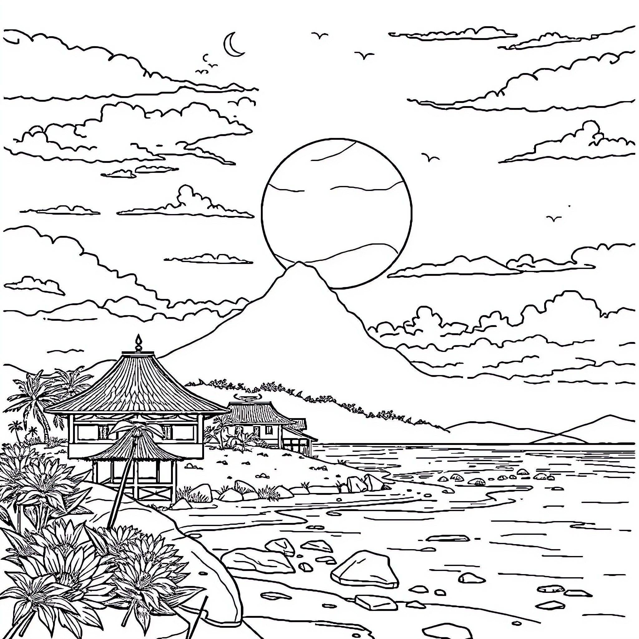 Anime Scenic Landscape with Pagoda in Moonlight Coloring Page (free black-and-white line drawing printable PDF for all, from beginners to advanced learners, including children, teens, adults, and seniors)