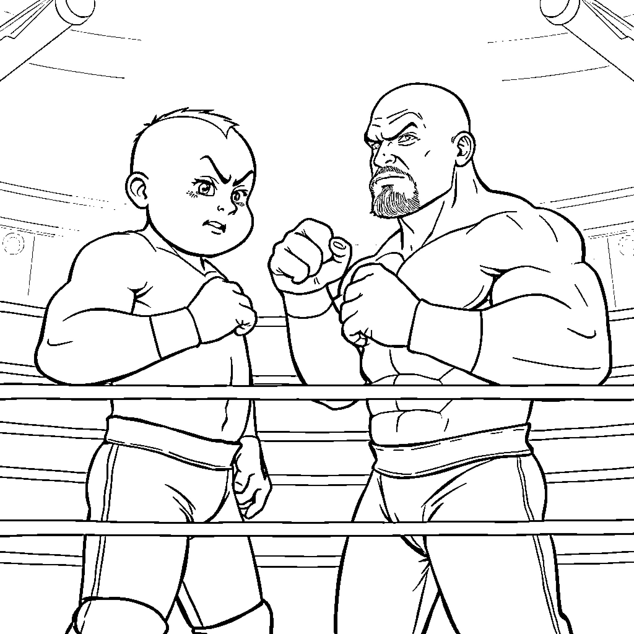 Caillou boxing match with larger opponent Coloring Page (free black-and-white line drawing printable PDF for all, from beginners to advanced learners, including children, teens, adults, and seniors)