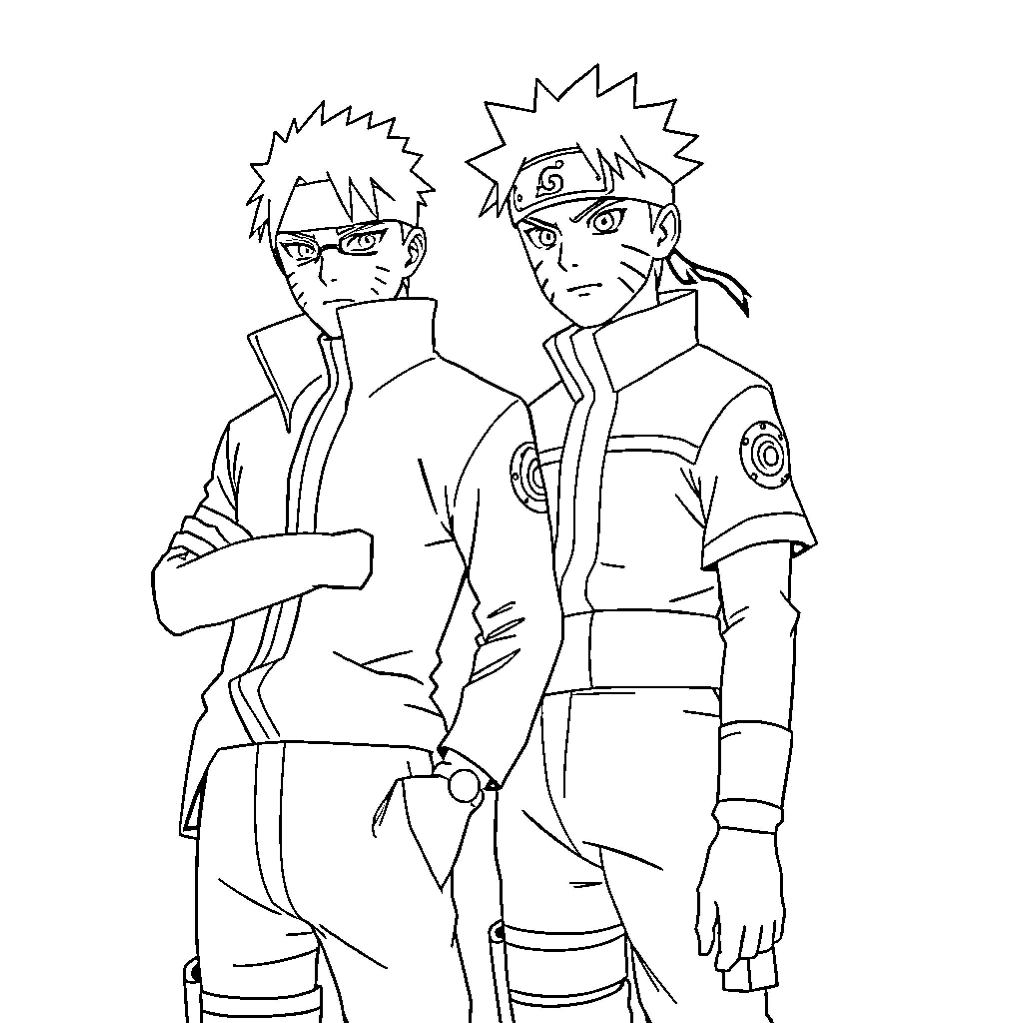 Sakamoto and Naruto in Ninja Attire Coloring Page (free black-and-white line drawing printable PDF for all, from beginners to advanced learners, including children, teens, adults, and seniors)