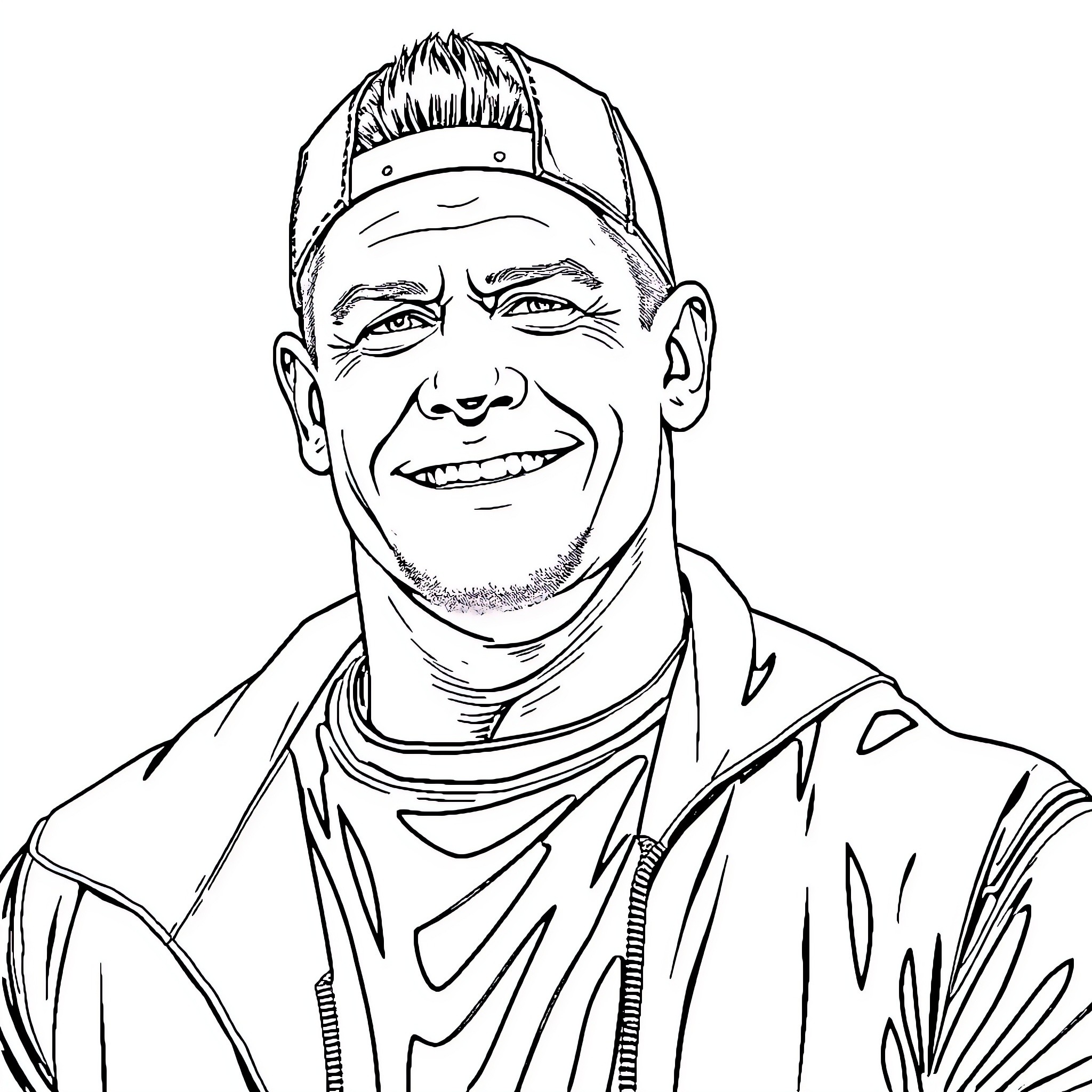 John Cena Smiling Cheerfully in Casual Outfit Coloring Page (free black-and-white line drawing printable PDF for all, from beginners to advanced learners, including children, teens, adults, and seniors)