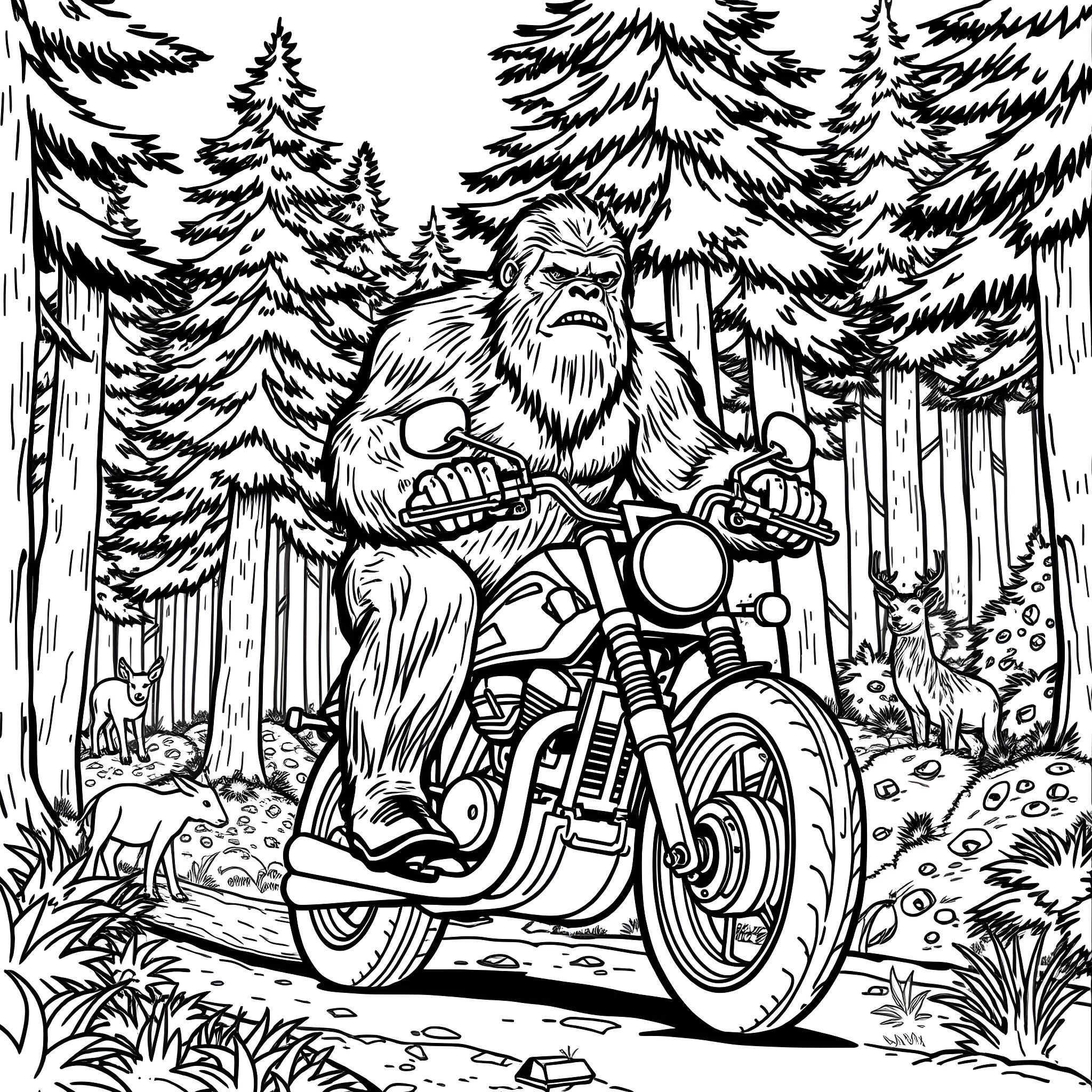 Bigfoot riding a motorcycle through the forest Coloring Page (free black-and-white line drawing printable PDF for all, from beginners to advanced learners, including children, teens, adults, and seniors)