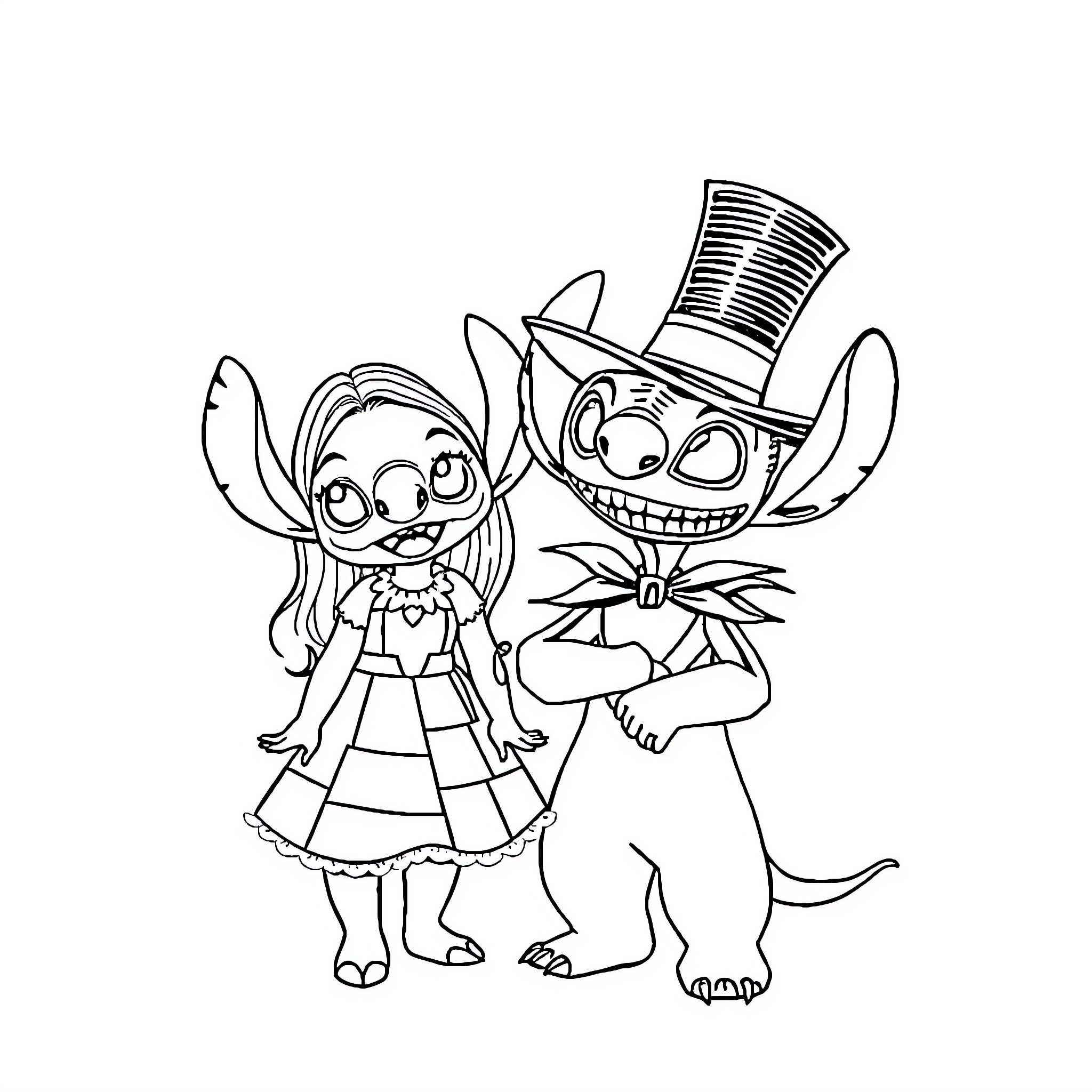 Lilo And Stitch Dressed Up For A Party Coloring Page (free black-and-white line drawing printable PDF for all, from beginners to advanced learners, including children, teens, adults, and seniors)